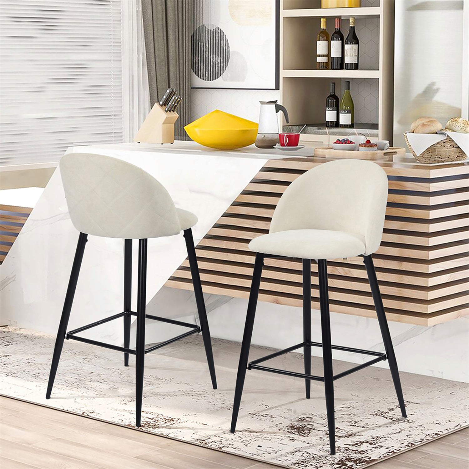 Homy Casa HASEEB Terry Cream Black Leg  2 PCS 27" Bar Stool Modern Bar Seating Open Box