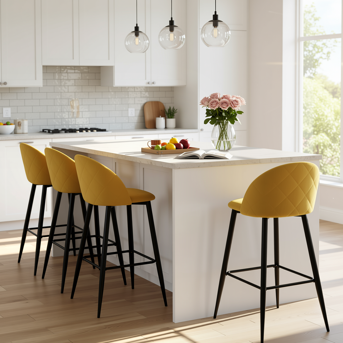 Homy Casa HASEEB 4PC Bar Stool Set 30” Yellow Terry Fabric Upholstered Bar Chairs with Black Legs Open Box