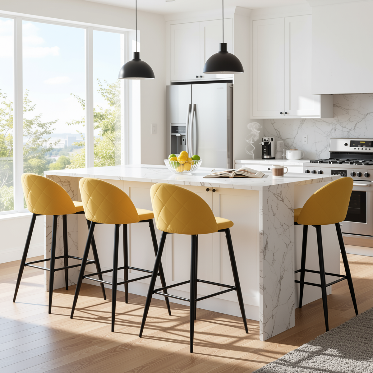 Homy Casa HASEEB 4PC Bar Stool Set 30” Yellow Terry Fabric Upholstered Bar Chairs with Black Legs Open Box