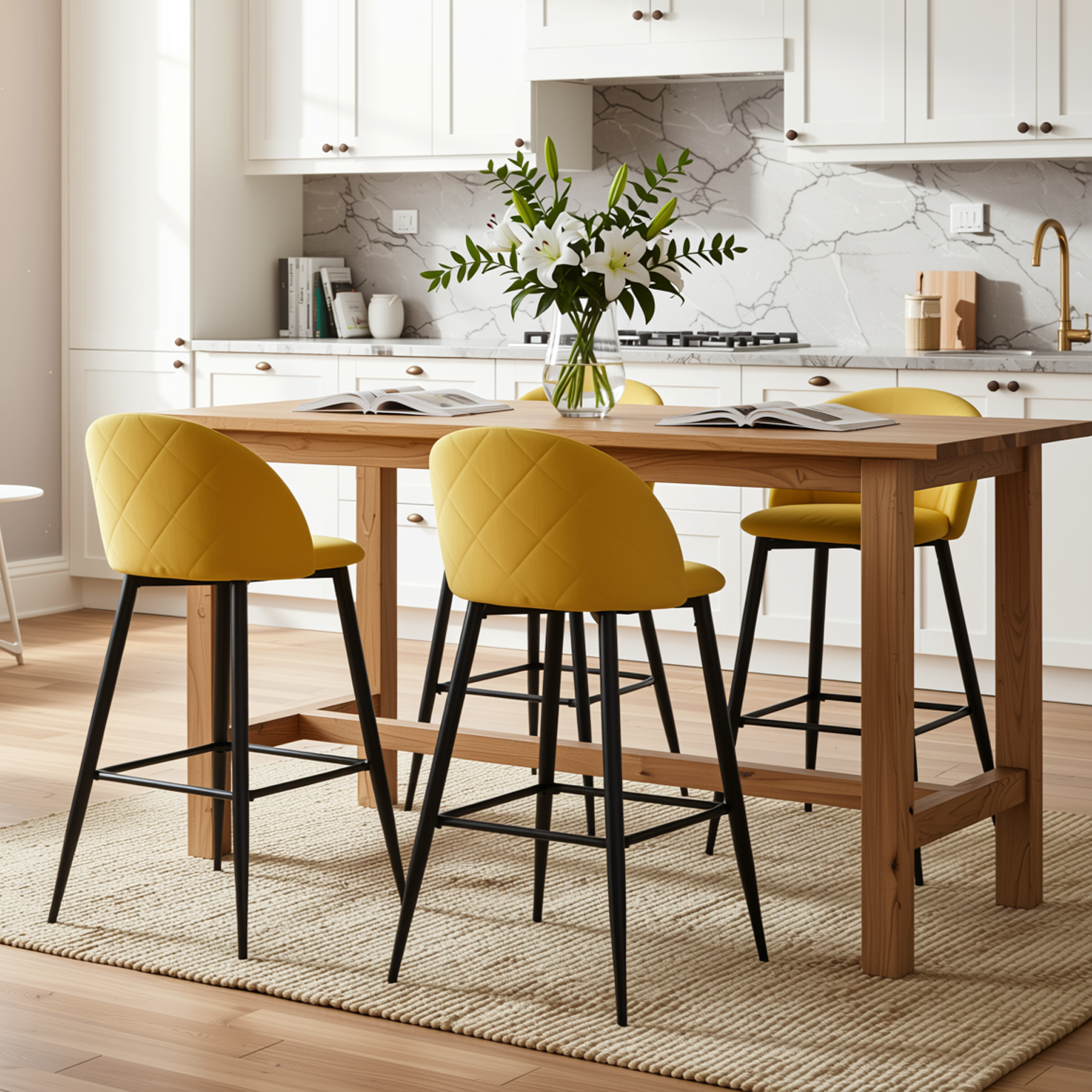 Homy Casa HASEEB 4PC Bar Stool Set 30” Yellow Terry Fabric Upholstered Bar Chairs with Black Legs Open Box