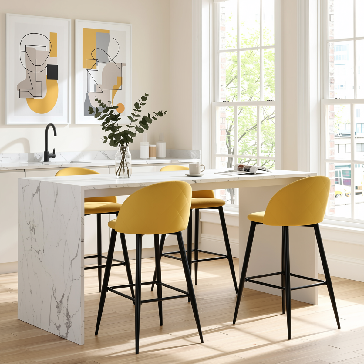 Homy Casa HASEEB 4PC Bar Stool Set 30” Yellow Terry Fabric Upholstered Bar Chairs with Black Legs Open Box