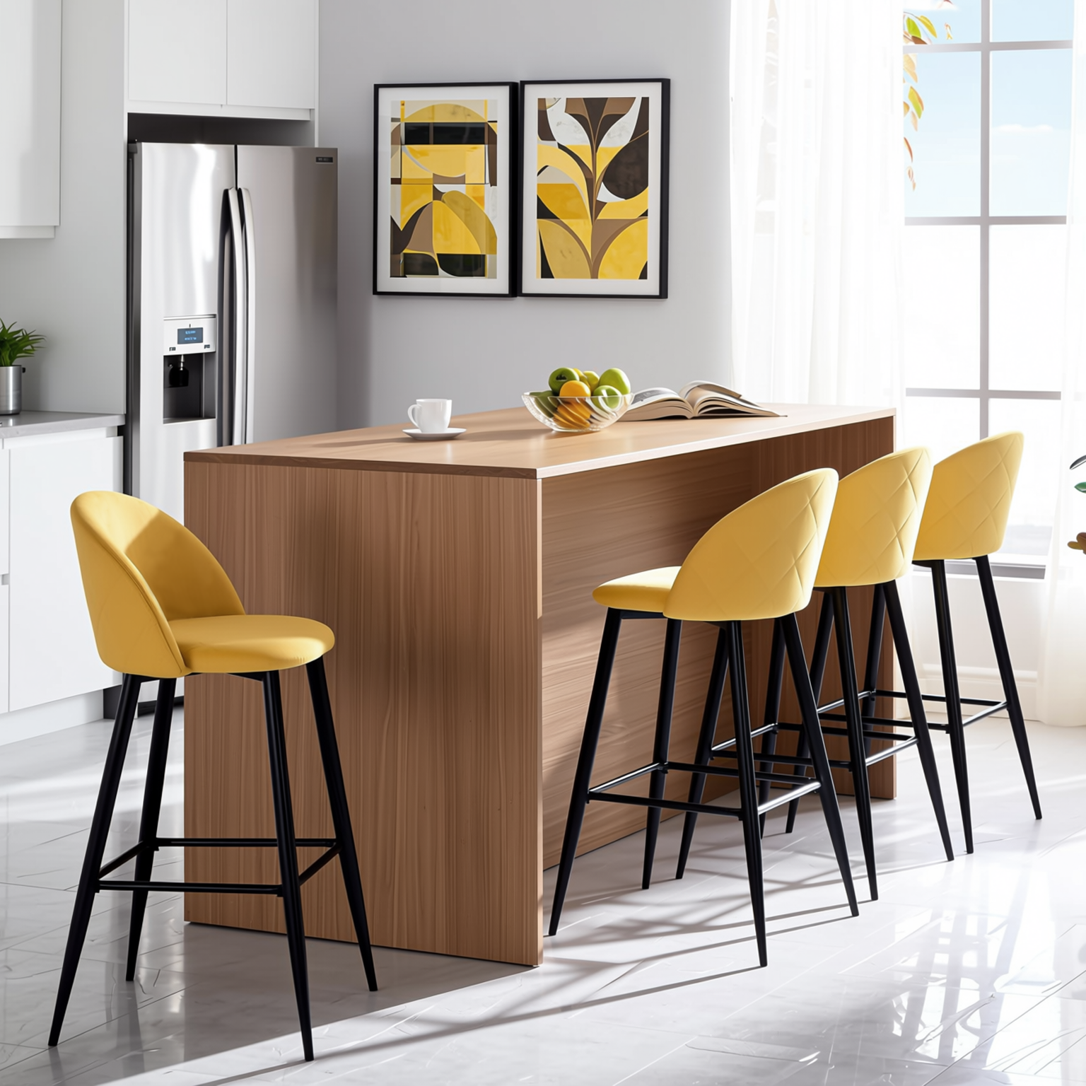 Homy Casa HASEEB 4PC Bar Stool Set 30” Yellow Terry Fabric Upholstered Bar Chairs with Black Legs Open Box
