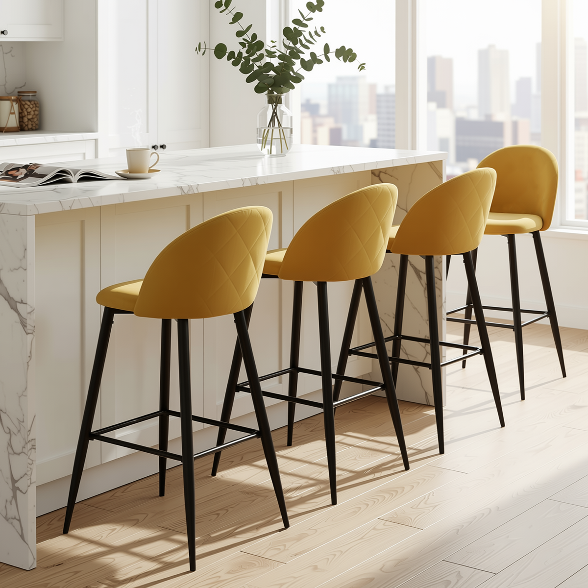 Homy Casa HASEEB 4PC Bar Stool Set 30” Yellow Terry Fabric Upholstered Bar Chairs with Black Legs Open Box