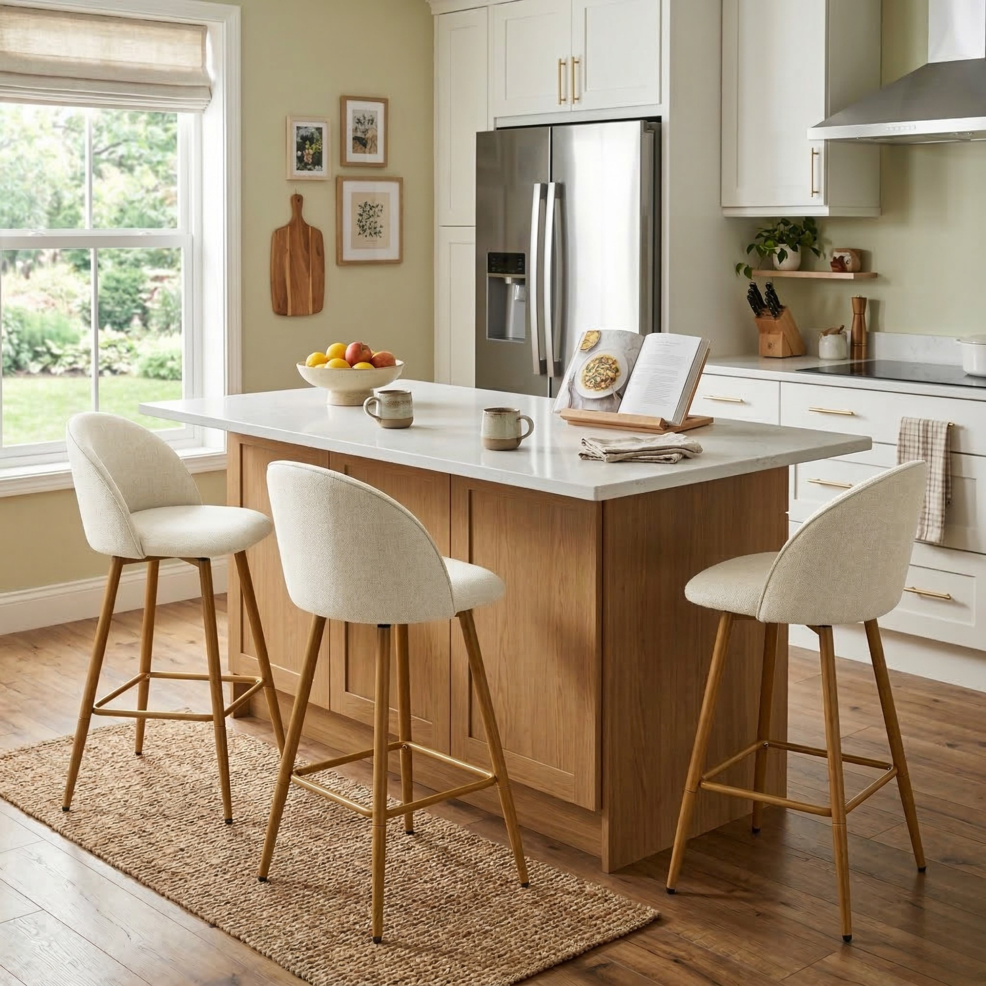 Homy Casa HASEEB Counter Barrel Beige Oak Leg Swivel Barstool "18.31 x 19.88 x 37.01 in" Kitchen & Dining Seating
