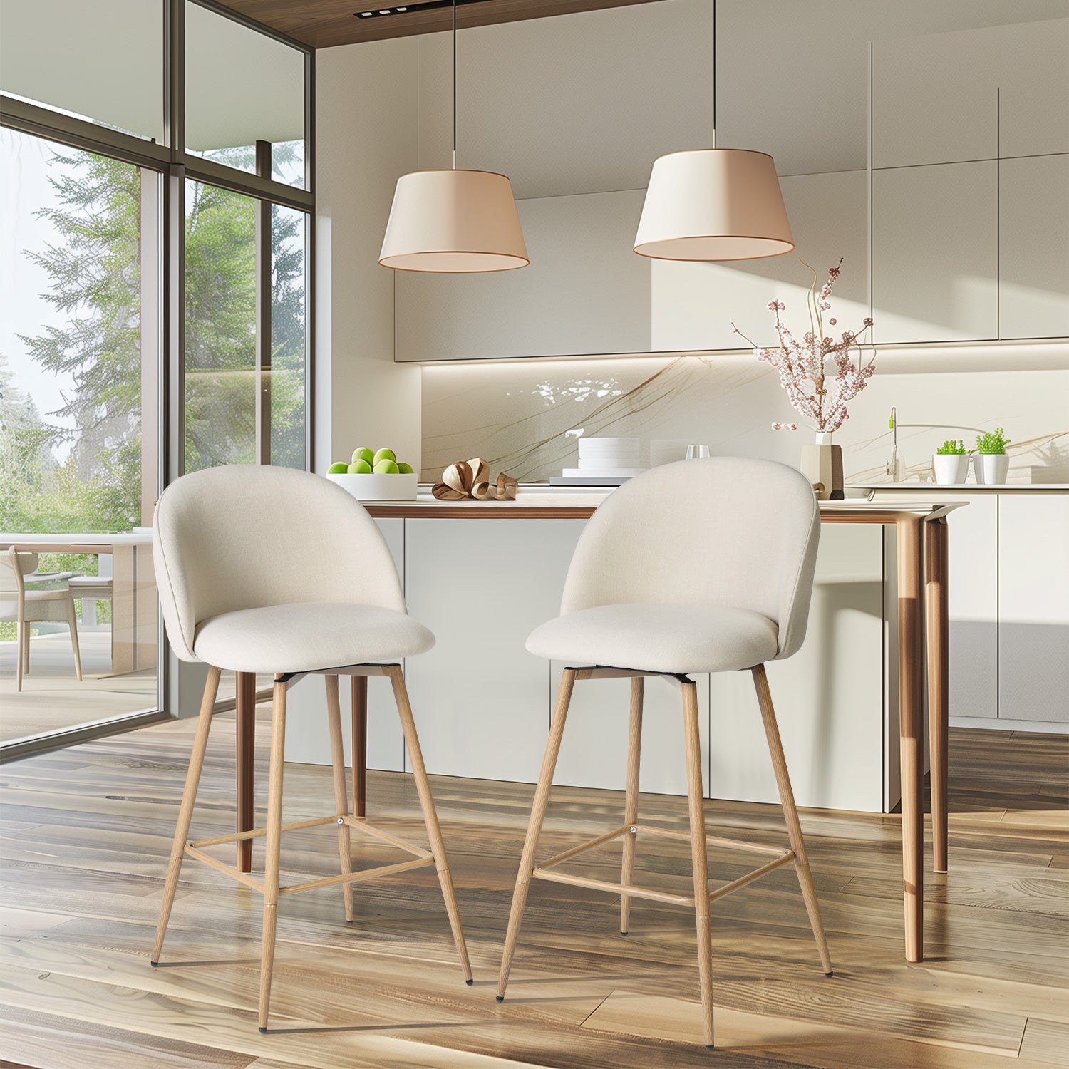 Homy Casa HASEEB Counter Fabric Barstool Beige Oak Leg 18.3"  x 19.9"  x 37"  Swivel Barstool Open Box