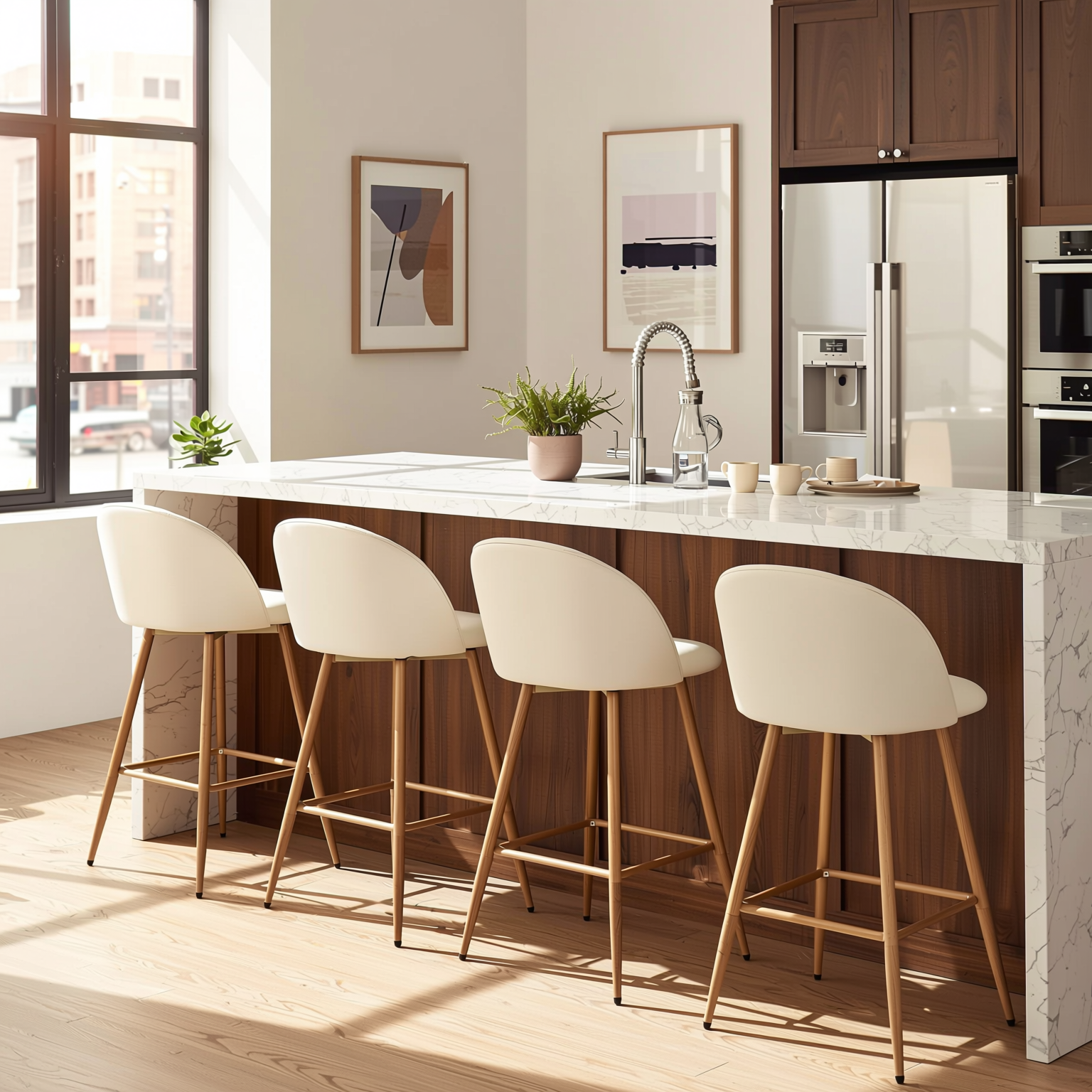 Homy Casa HASEEB 4PC Bar Stool Set Swivel Counter Height Chairs with Beige Fabric and Oak Finish Legs Open Box