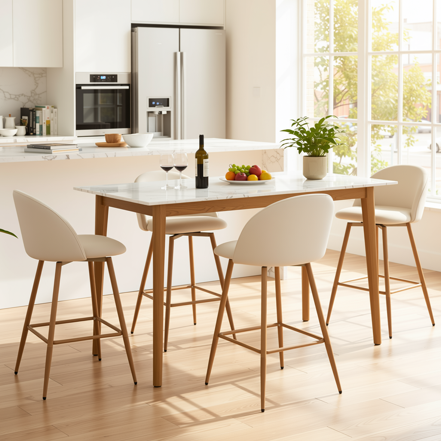 Homy Casa HASEEB 4PC Bar Stool Set Swivel Counter Height Chairs with Beige Fabric and Oak Finish Legs Open Box
