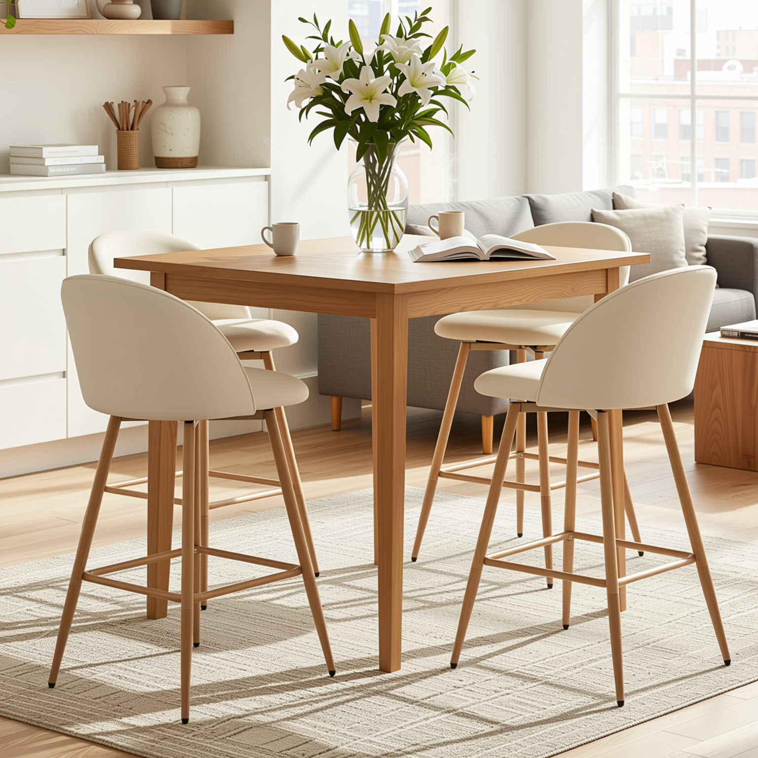 Homy Casa HASEEB 4PC Bar Stool Set Swivel Counter Height Chairs with Beige Fabric and Oak Finish Legs Open Box