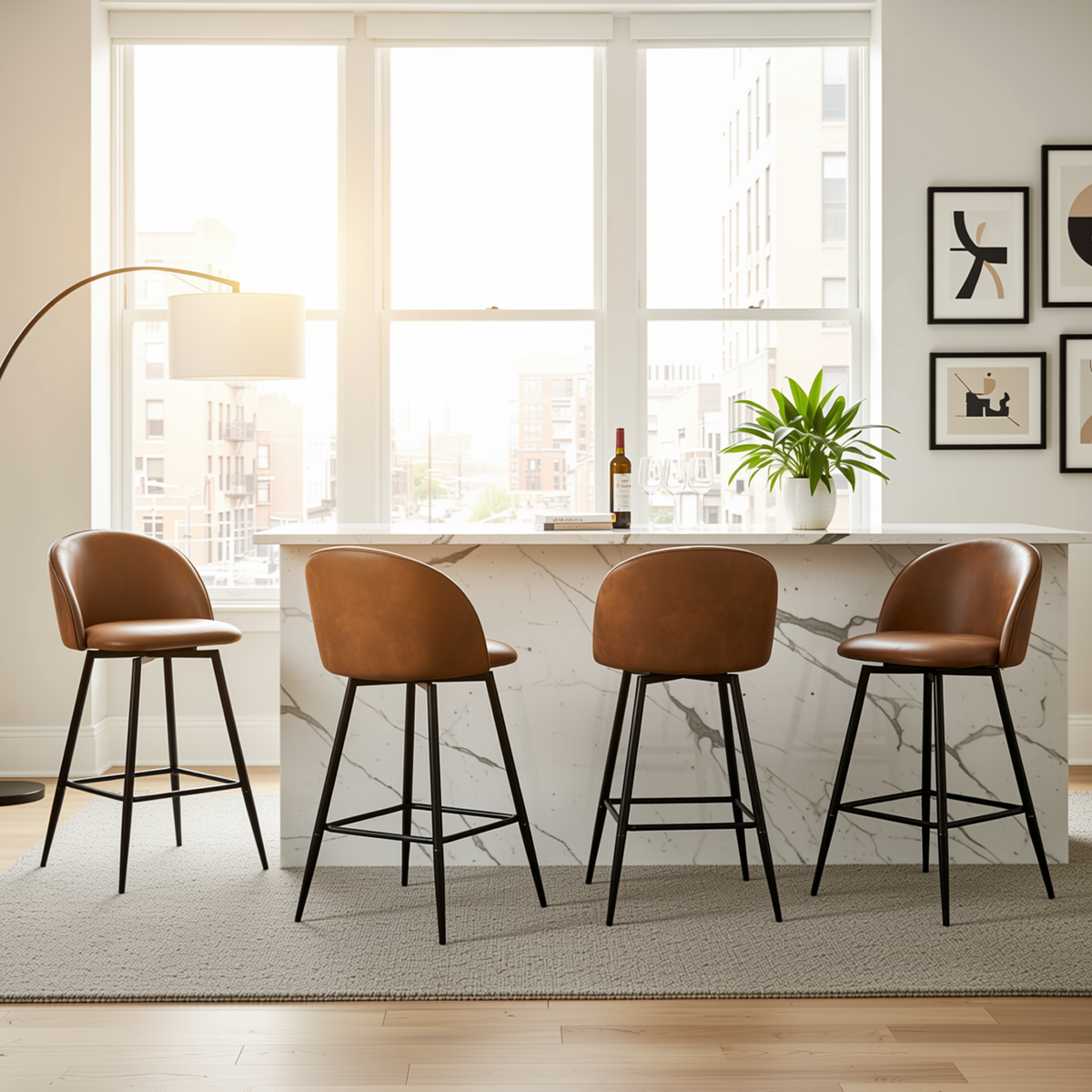 Homy Casa Haseeb 4PC Counter Height Barstool Set 26” Upholstered Bar Chairs with Curved Backrest, Footrest and Metal Legs in Brown and Black Open Box