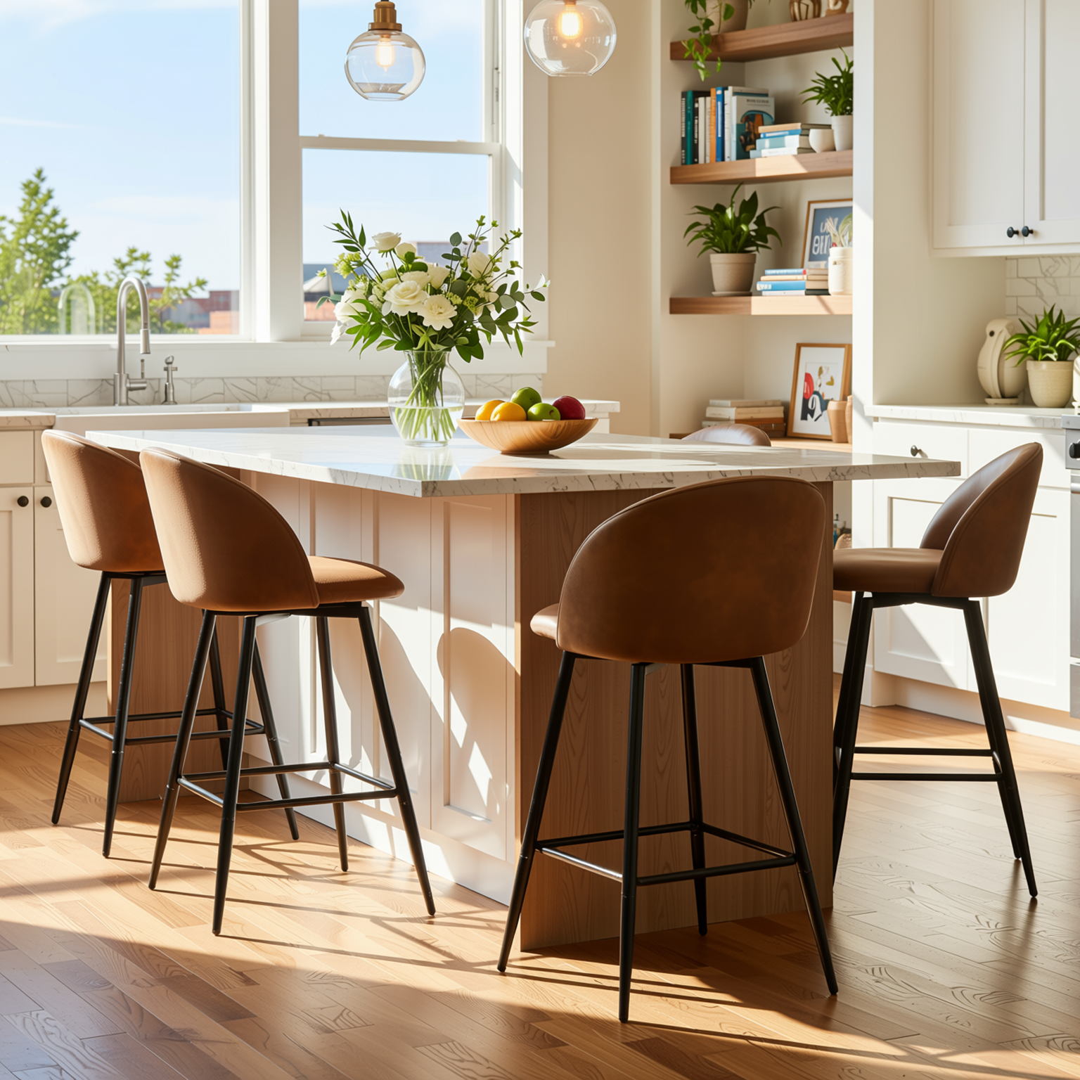 Homy Casa Haseeb 4PC Counter Height Barstool Set 26” Upholstered Bar Chairs with Curved Backrest, Footrest and Metal Legs in Brown and Black Open Box