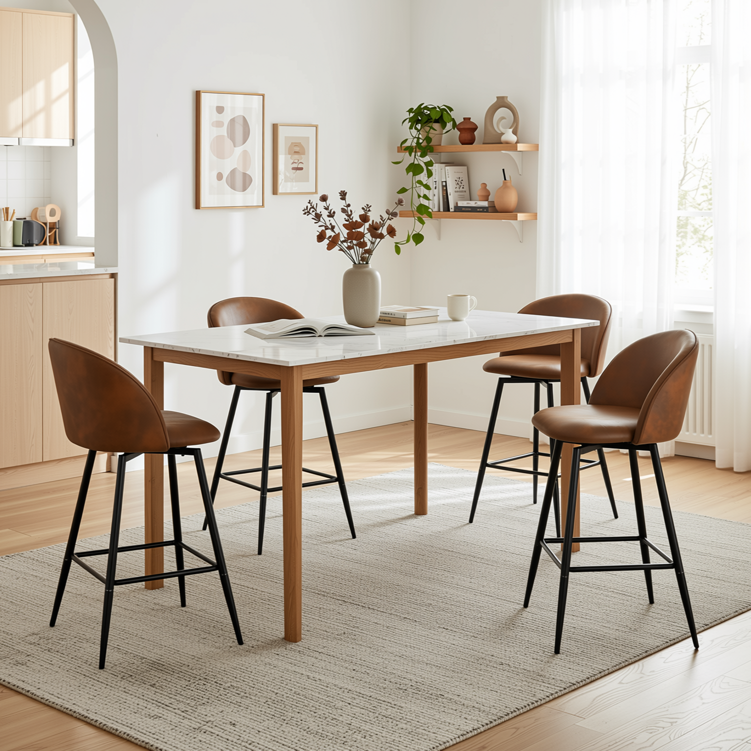 Homy Casa Haseeb 4PC Counter Height Barstool Set 26” Upholstered Bar Chairs with Curved Backrest, Footrest and Metal Legs in Brown and Black Open Box