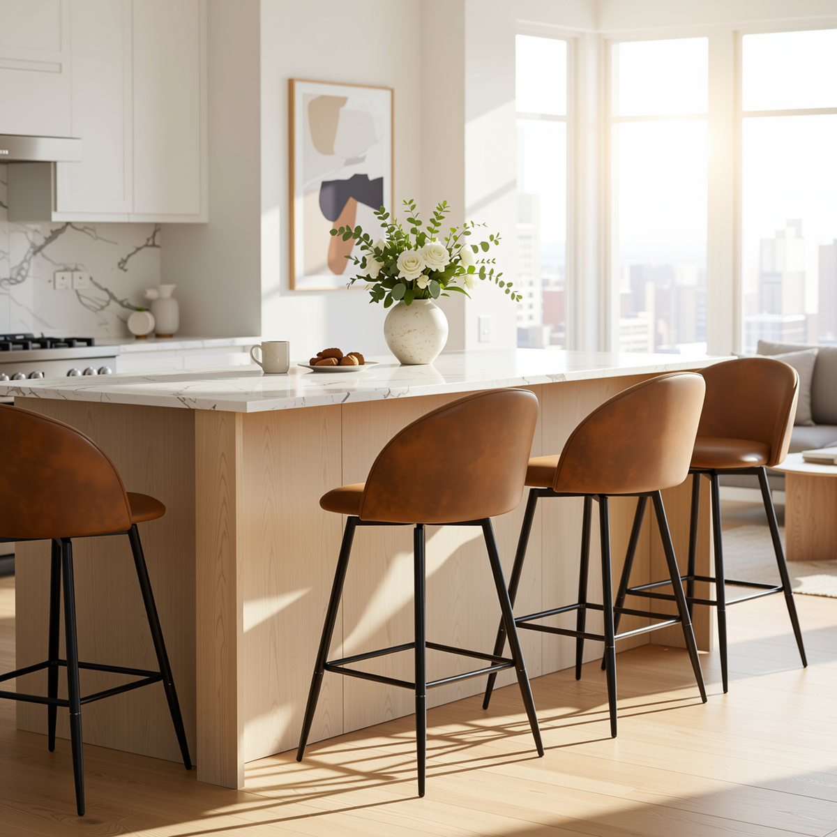 Homy Casa Haseeb 4PC Counter Height Barstool Set 26” Upholstered Bar Chairs with Curved Backrest, Footrest and Metal Legs in Brown and Black Open Box