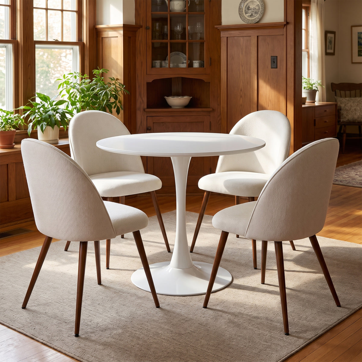 Homy Casa CLIFT + HAVEN Beige 5PC 31.5" Round Dining Set White Table with 4 Beige Fabric Chairs, Open Box