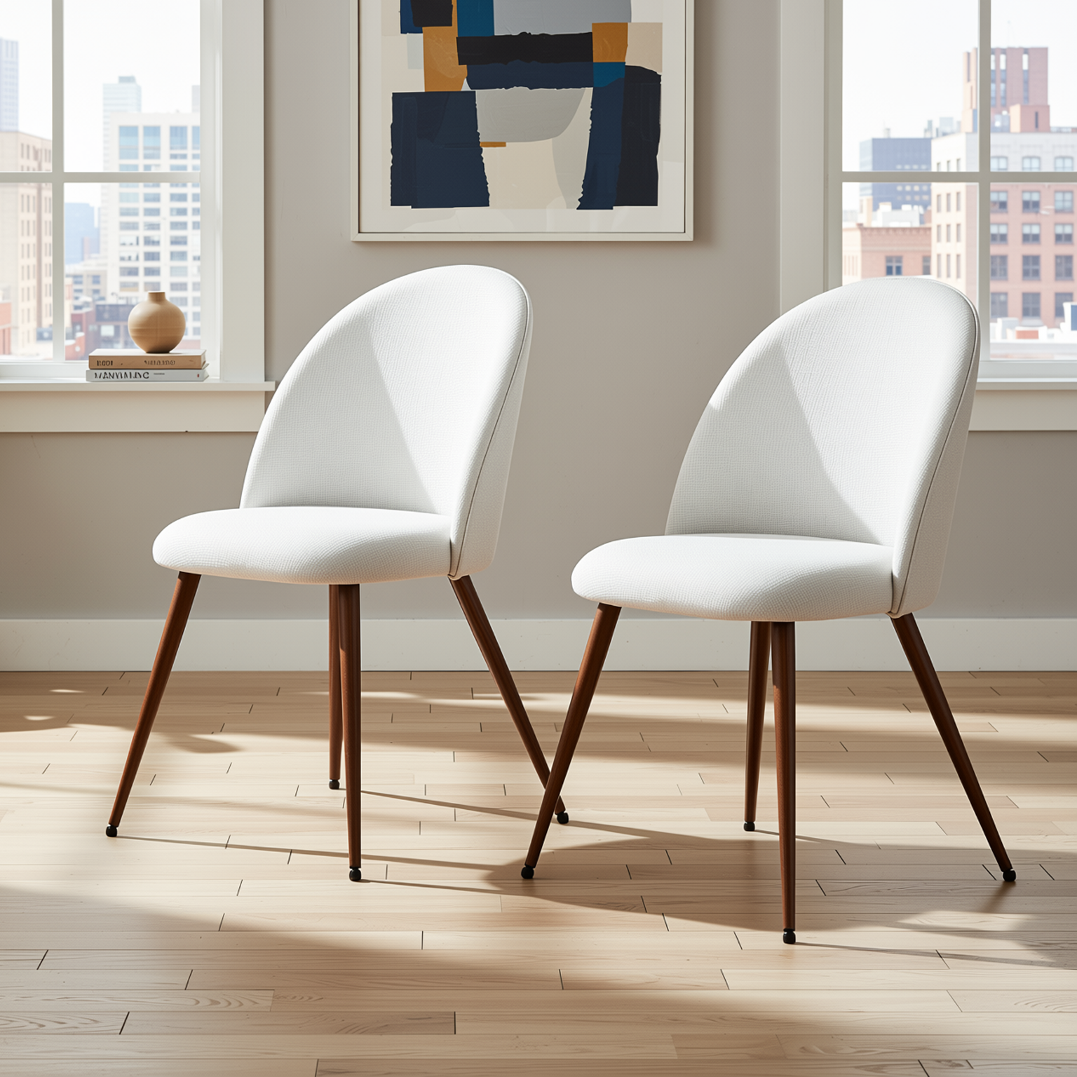 Homy Casa Haven 2PC High Back Dining Chairs, Walnut-look Legs with Beige Fabric