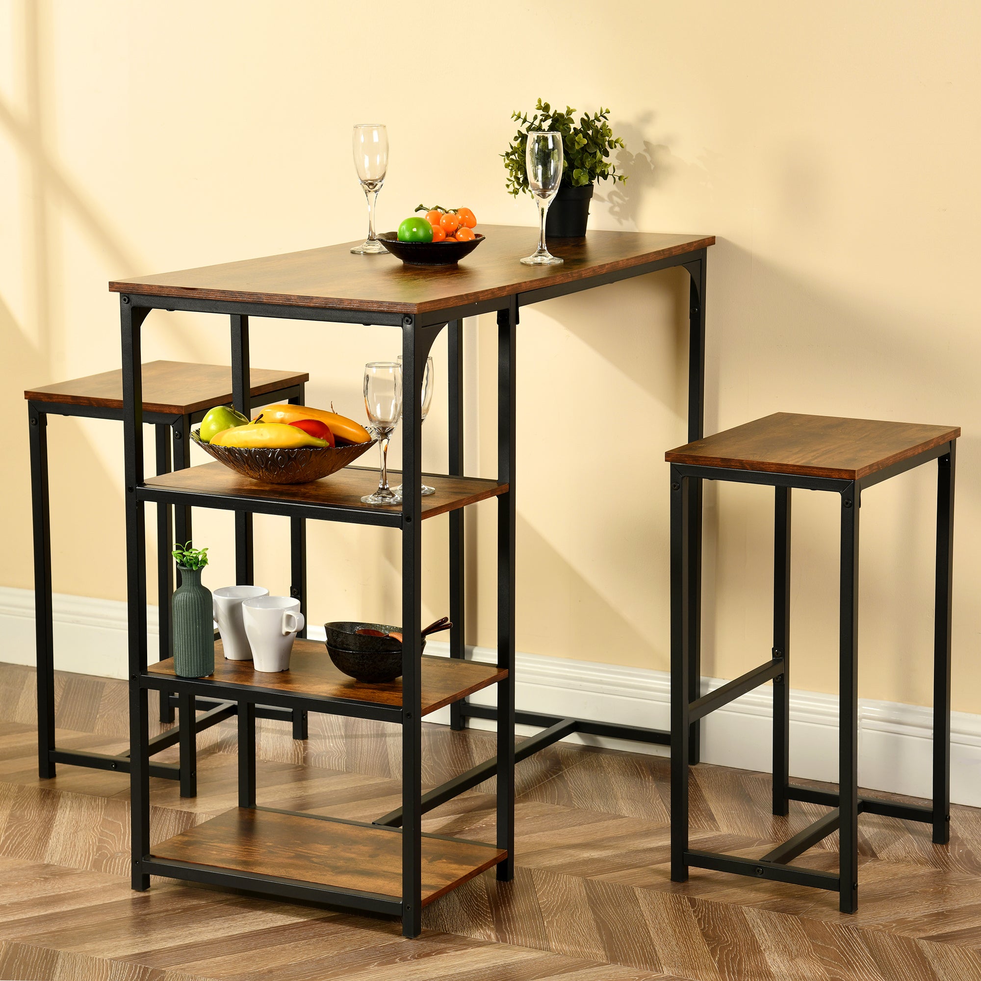 Holly 40” Counter Dining Table Set Vintage Brown Table with 2 Counter Barstools