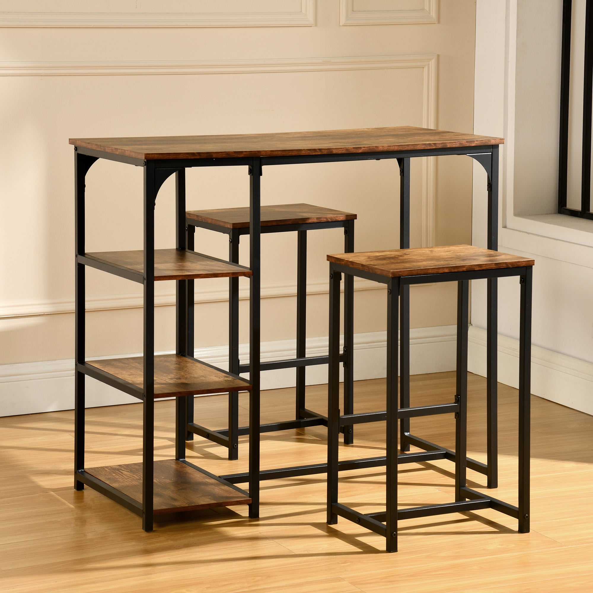 Holly 40” Counter Dining Table Set Vintage Brown Table with 2 Counter Barstools