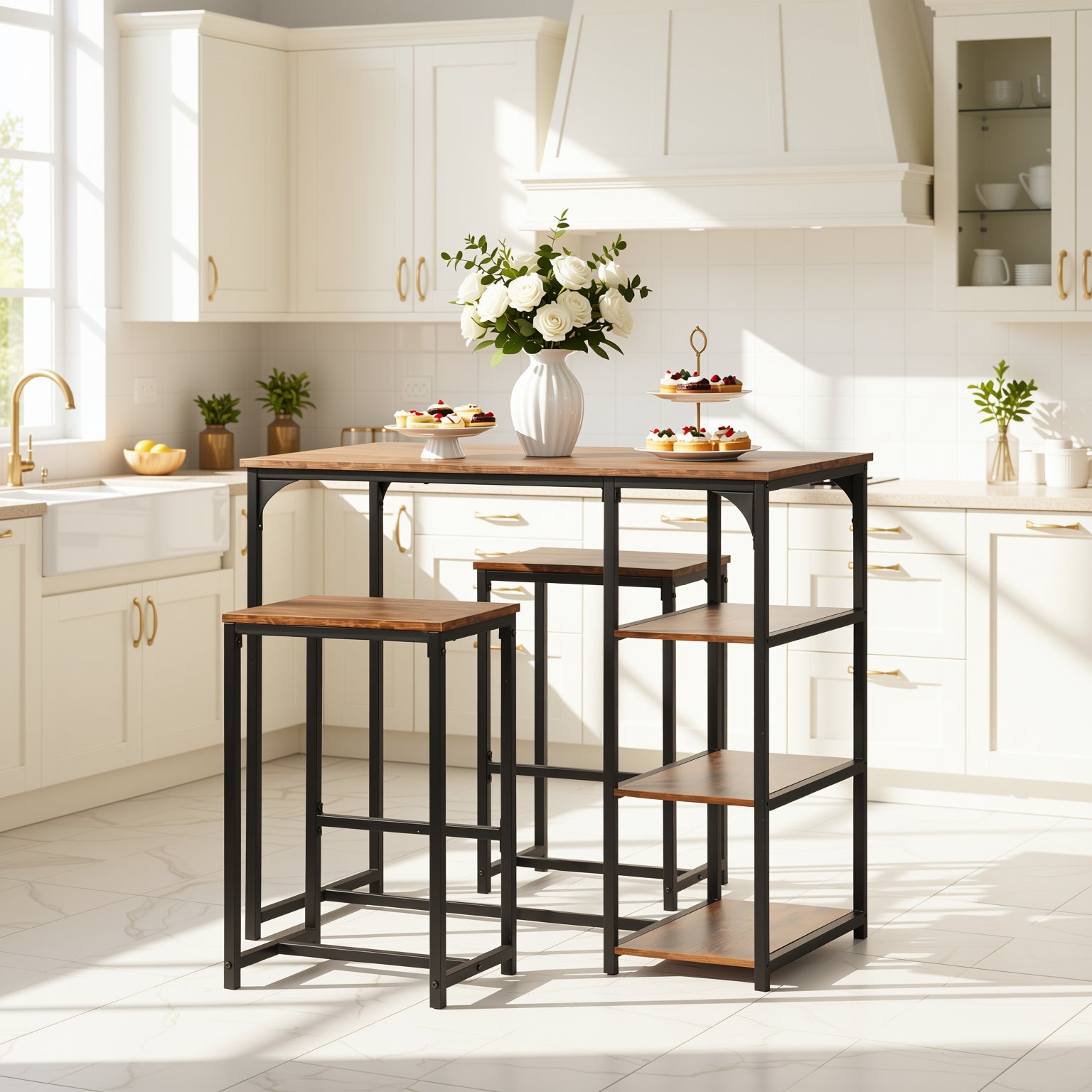 Holly 40” Counter Dining Table Set Vintage Brown Table with 2 Counter Barstools