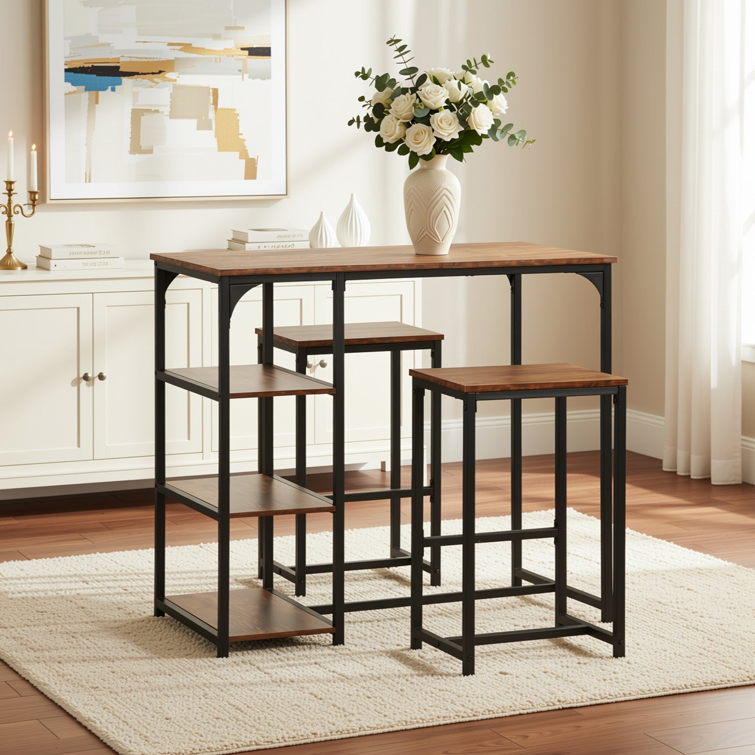 Holly 40” Counter Dining Table Set Vintage Brown Table with 2 Counter Barstools