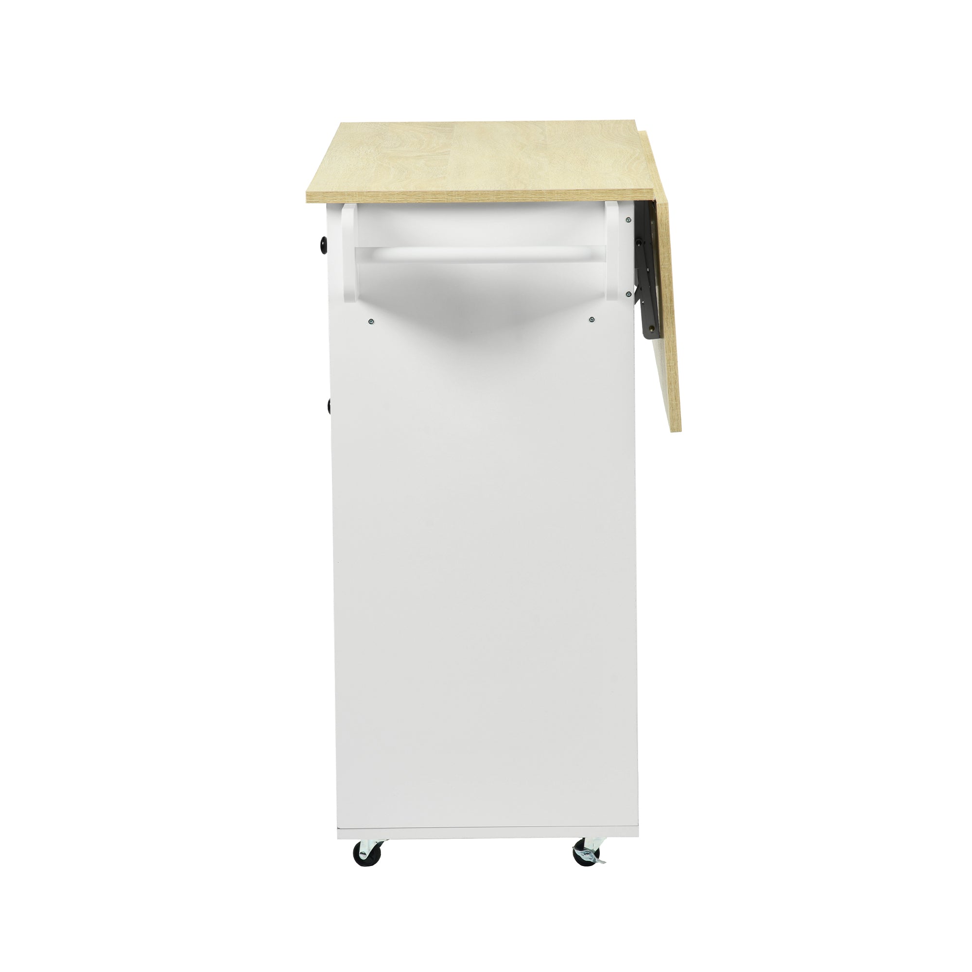 HUGH Kitchen Island Cart on Wheels, 45.3” Rolling Storage Cabinet with Oak-Finish Wood Top, 3 Drawers and 4 Doors, Side Towel Bars, White