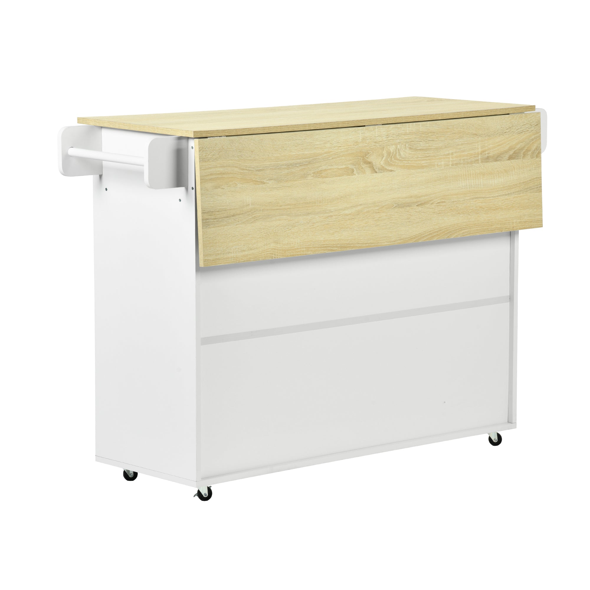 HUGH Kitchen Island Cart on Wheels, 45.3” Rolling Storage Cabinet with Oak-Finish Wood Top, 3 Drawers and 4 Doors, Side Towel Bars, White