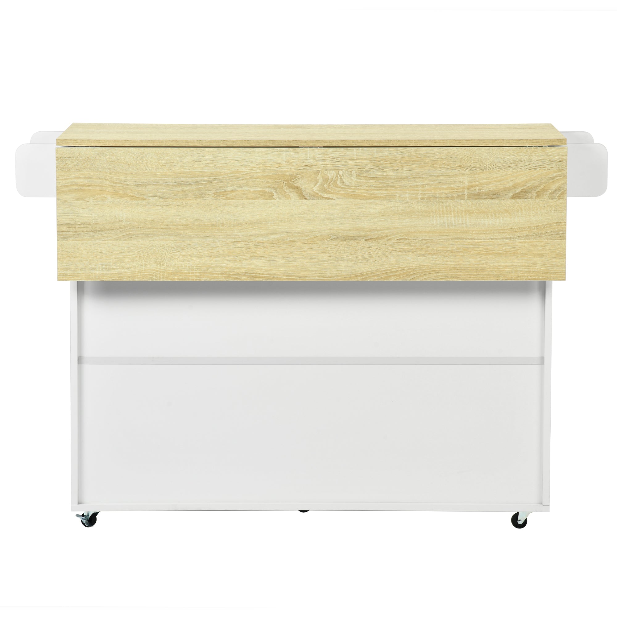 HUGH Kitchen Island Cart on Wheels, 45.3” Rolling Storage Cabinet with Oak-Finish Wood Top, 3 Drawers and 4 Doors, Side Towel Bars, White