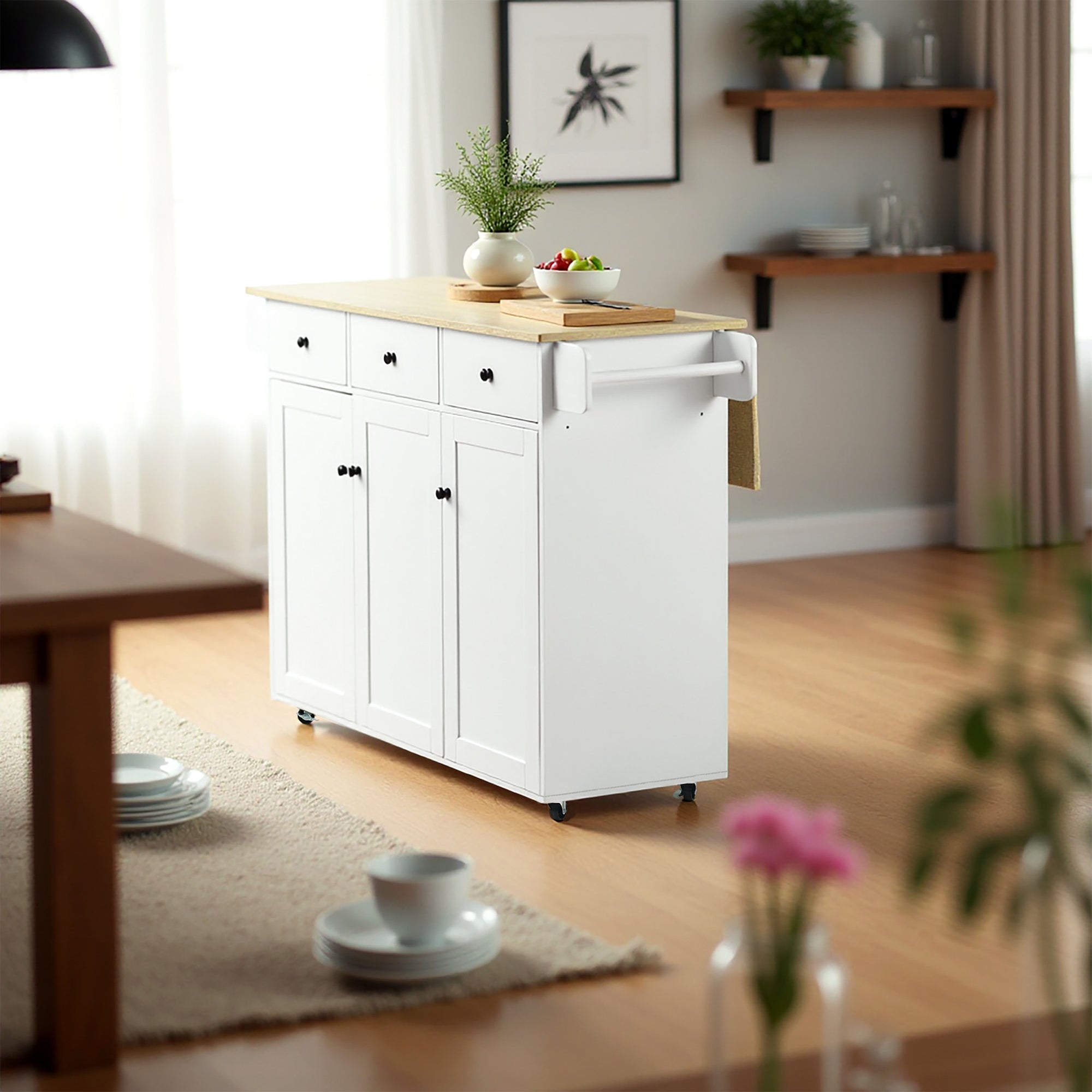 HUGH Kitchen Island Cart on Wheels, 45.3” Rolling Storage Cabinet with Oak-Finish Wood Top, 3 Drawers and 4 Doors, Side Towel Bars, White