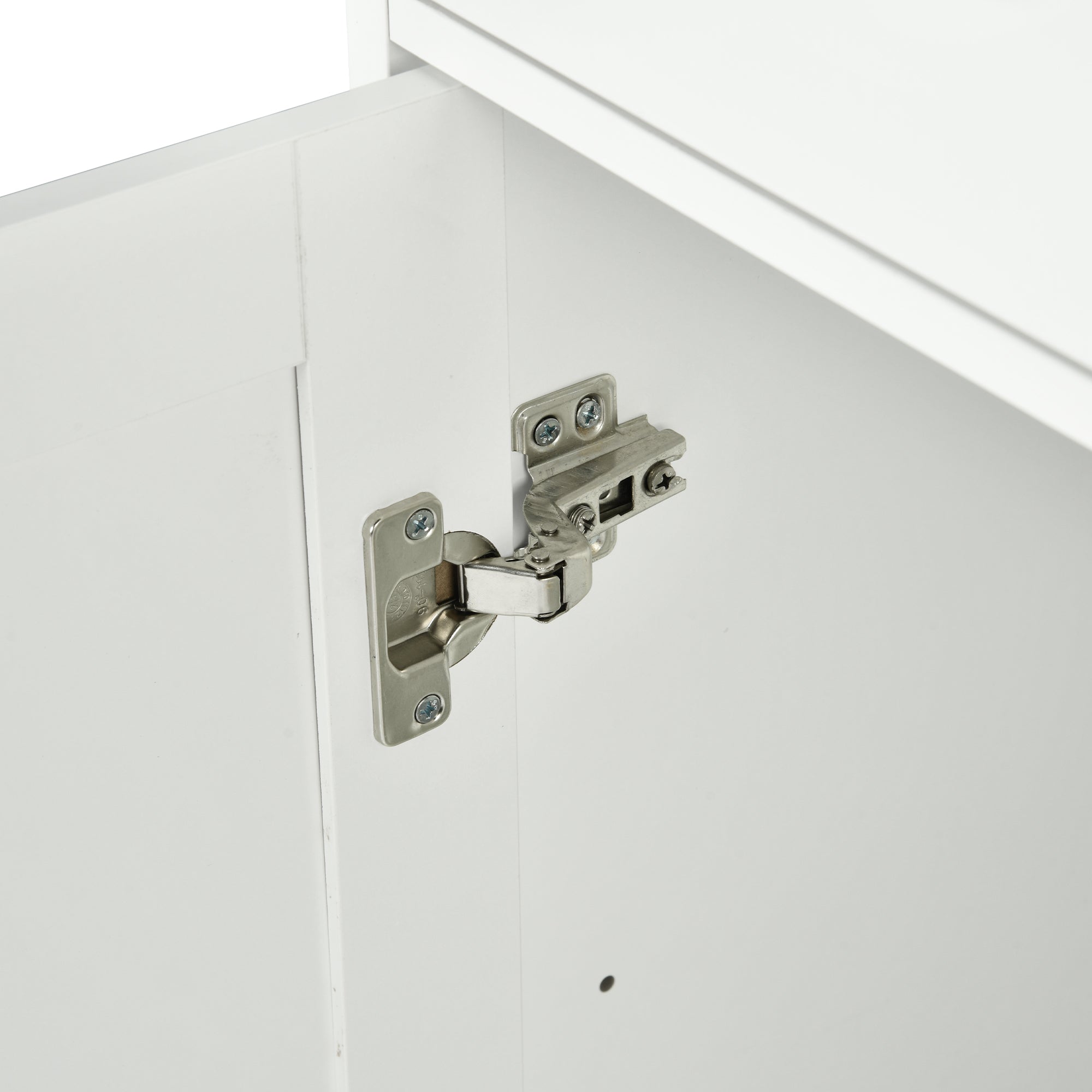 HUGH Kitchen Island Cart on Wheels, 45.3” Rolling Storage Cabinet with Oak-Finish Wood Top, 3 Drawers and 4 Doors, Side Towel Bars, White