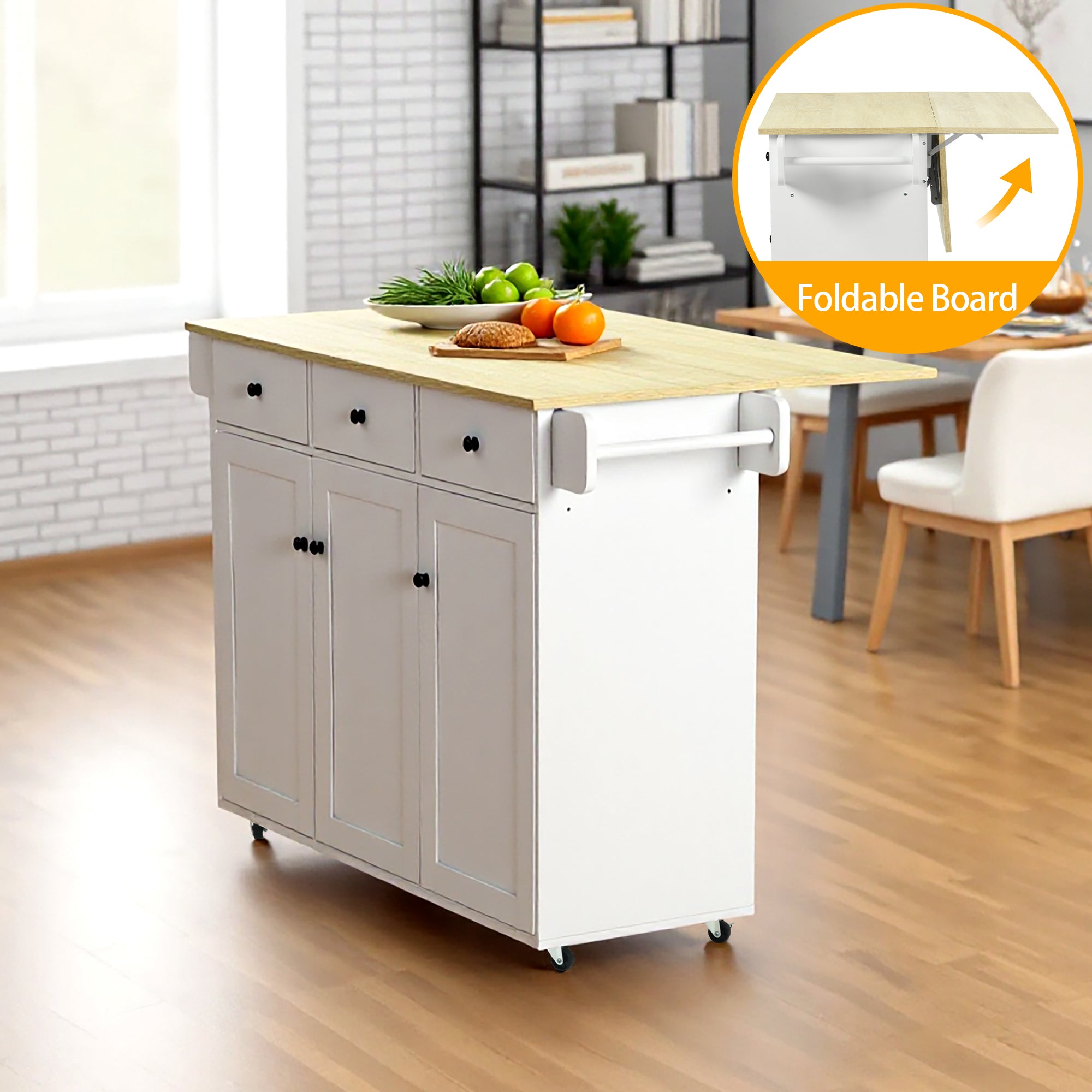 HUGH Kitchen Island Cart on Wheels, 45.3” Rolling Storage Cabinet with Oak-Finish Wood Top, 3 Drawers and 4 Doors, Side Towel Bars, White