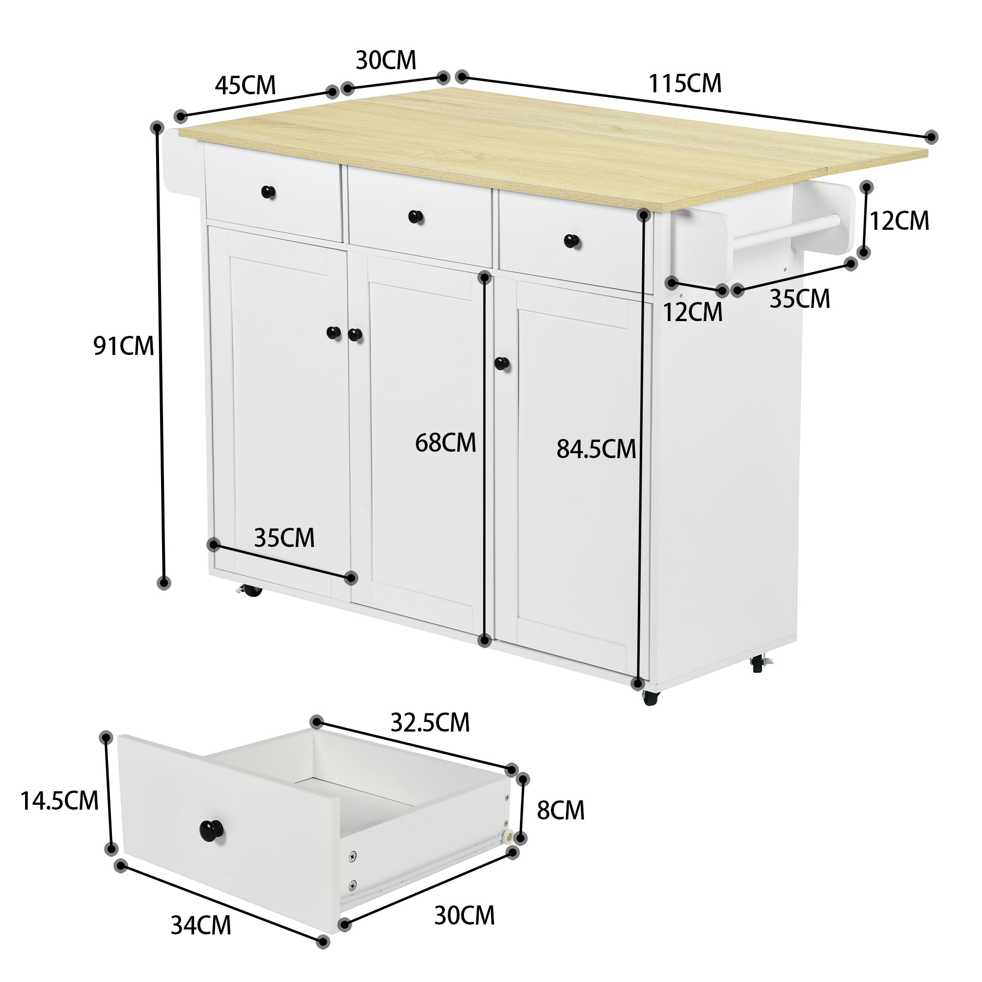 HUGH Kitchen Island Cart on Wheels, 45.3” Rolling Storage Cabinet with Oak-Finish Wood Top, 3 Drawers and 4 Doors, Side Towel Bars, White