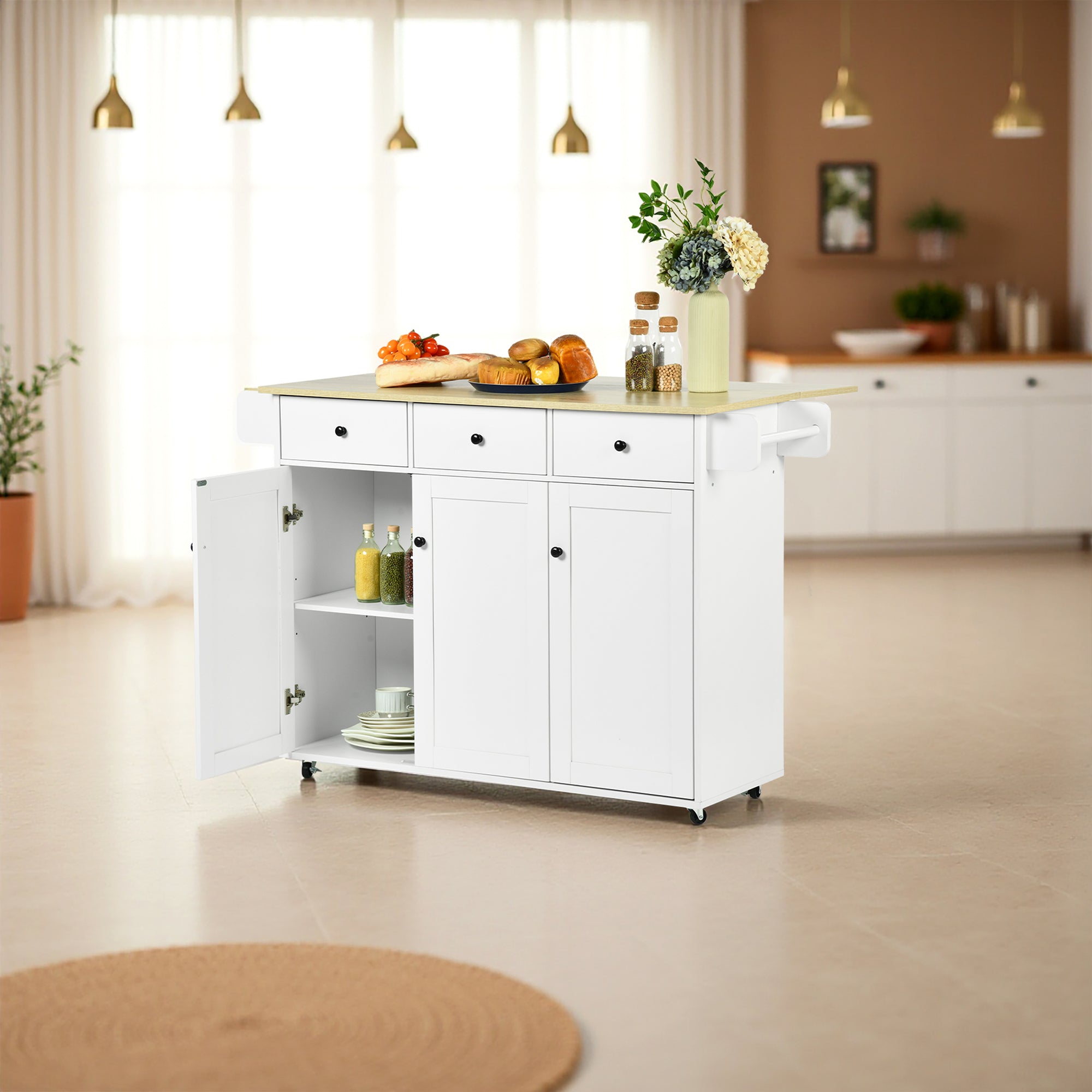 HUGH Kitchen Island Cart on Wheels, 45.3” Rolling Storage Cabinet with Oak-Finish Wood Top, 3 Drawers and 4 Doors, Side Towel Bars, White