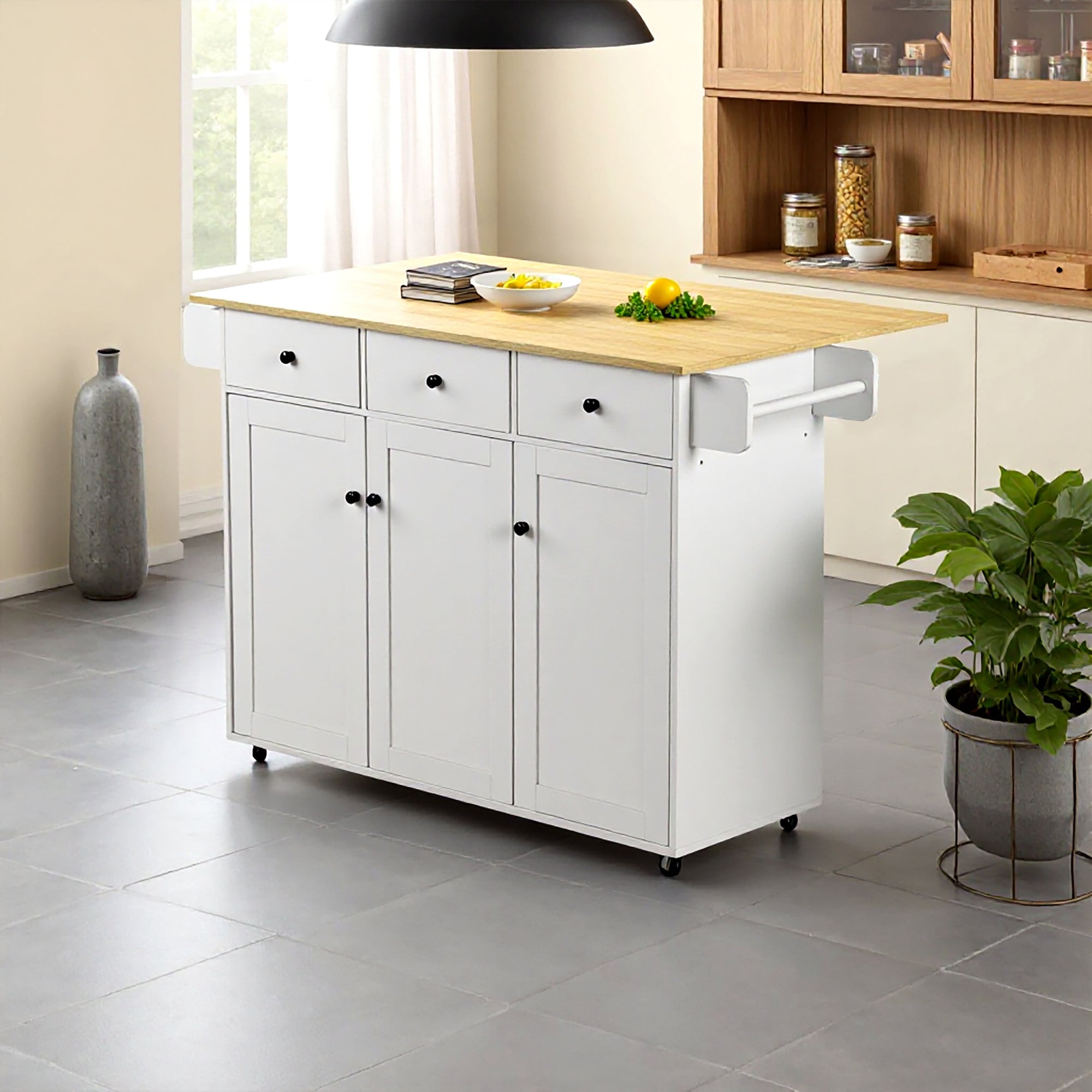 HUGH Kitchen Island Cart on Wheels, 45.3” Rolling Storage Cabinet with Oak-Finish Wood Top, 3 Drawers and 4 Doors, Side Towel Bars, White