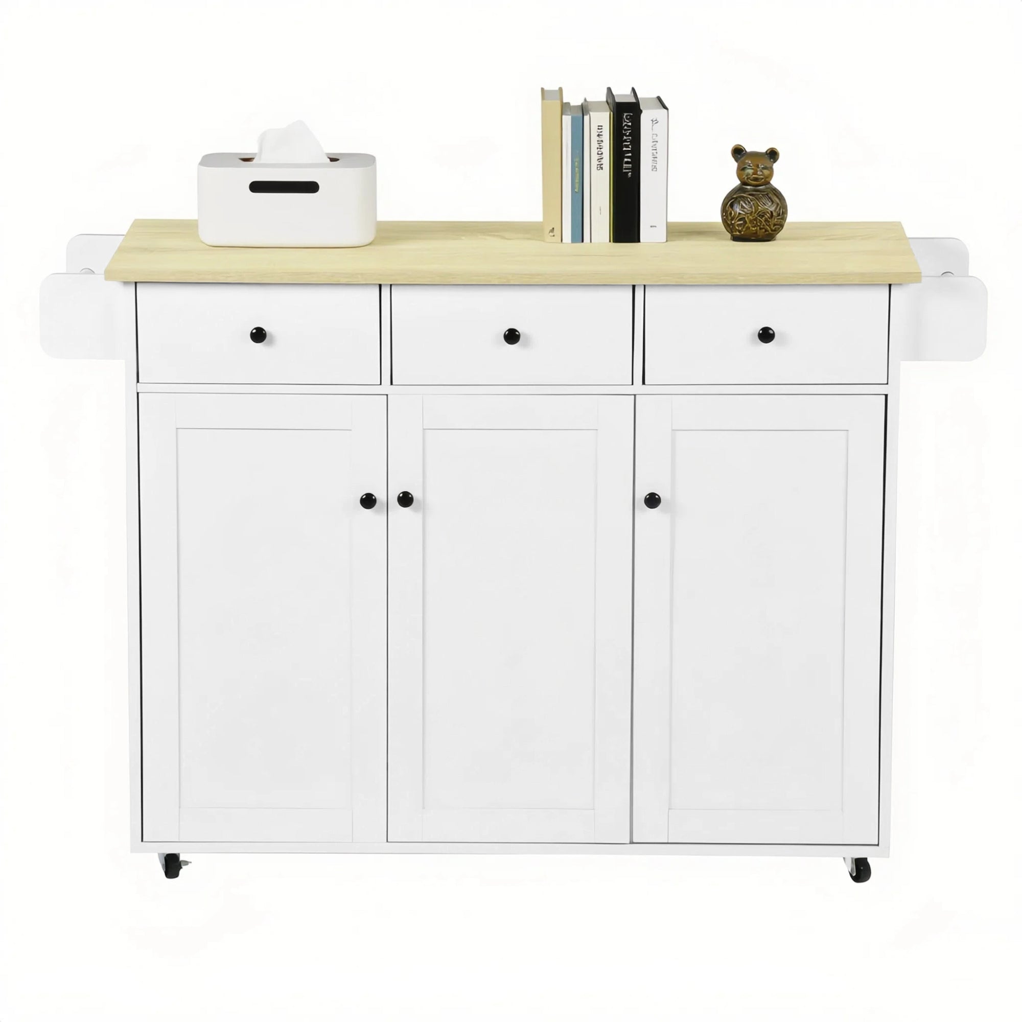 HUGH Kitchen Island Cart on Wheels, 45.3” Rolling Storage Cabinet with Oak-Finish Wood Top, 3 Drawers and 4 Doors, Side Towel Bars, White