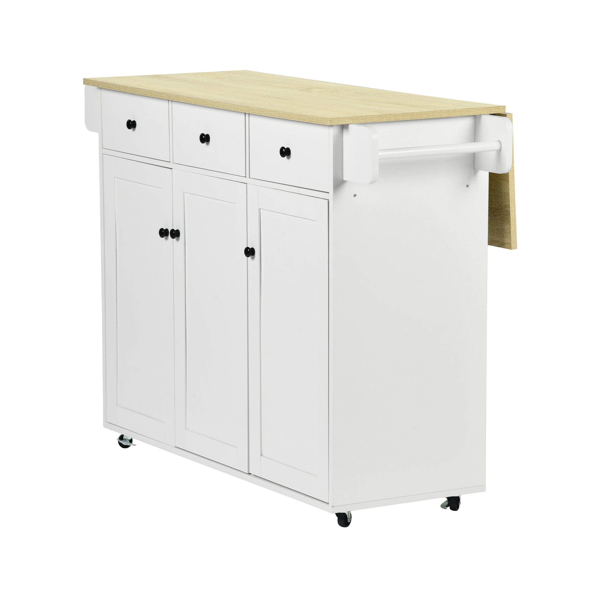 HUGH Kitchen Island Cart on Wheels, 45.3” Rolling Storage Cabinet with Oak-Finish Wood Top, 3 Drawers and 4 Doors, Side Towel Bars, White