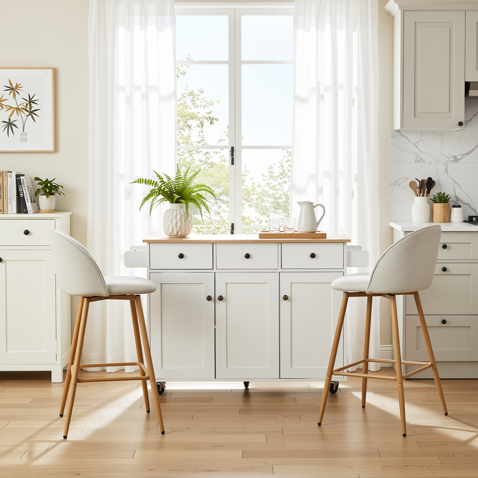 Hugh 3PC Rolling Kitchen Island and Stool Set with Haseeb Swivel Counter Height Bar Stools