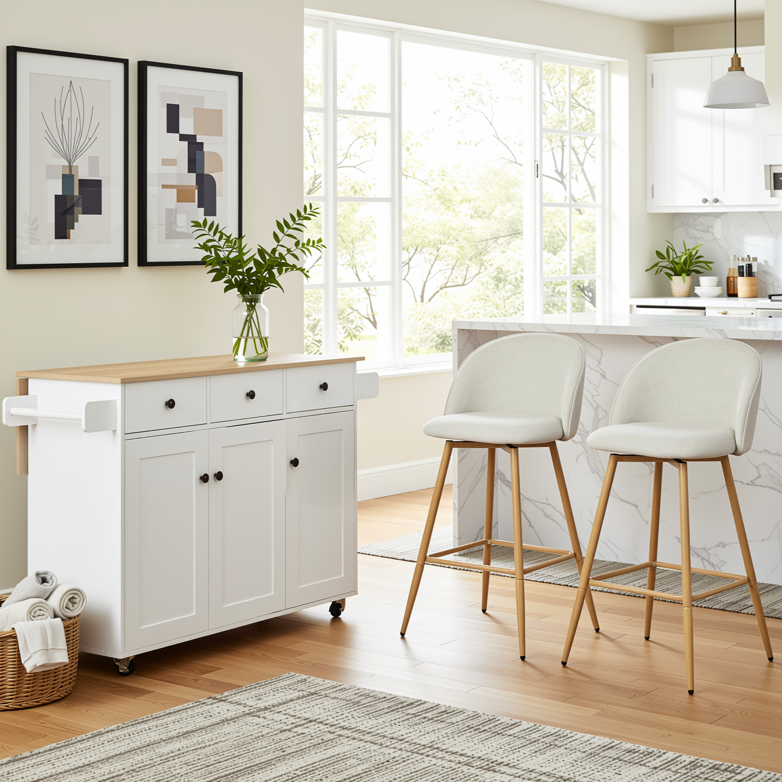 Hugh 3PC Rolling Kitchen Island and Stool Set with Haseeb Swivel Counter Height Bar Stools