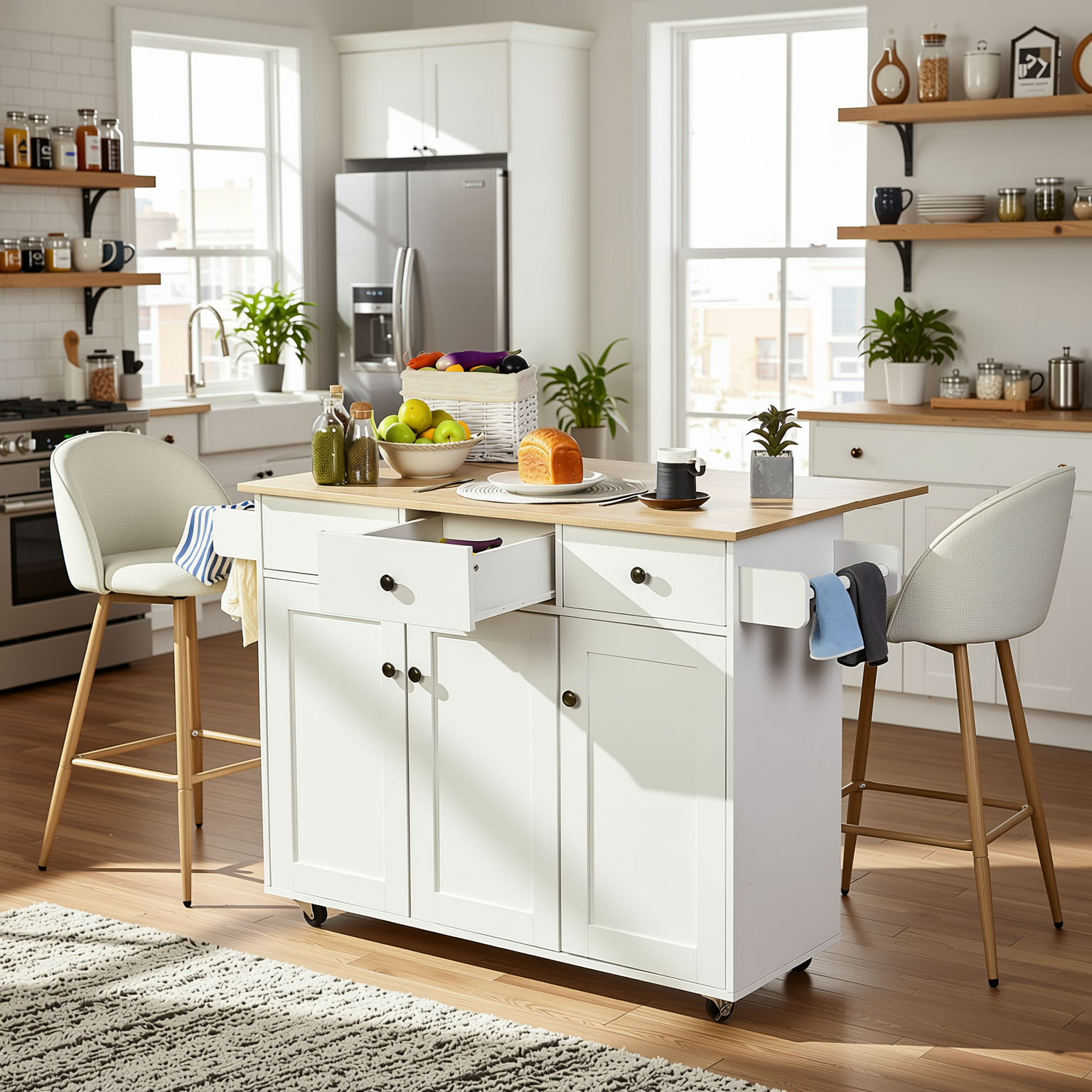 Hugh 3PC Rolling Kitchen Island and Stool Set with Haseeb Swivel Counter Height Bar Stools
