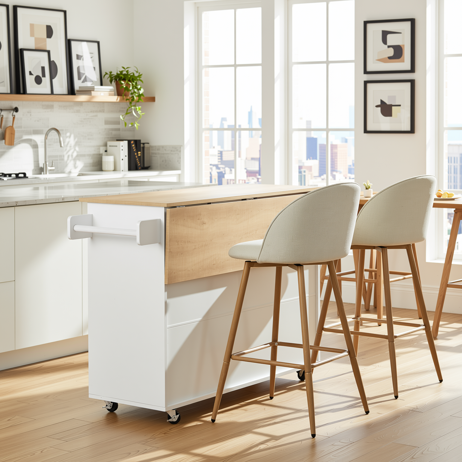 Hugh 3PC Rolling Kitchen Island and Stool Set with Haseeb Swivel Counter Height Bar Stools