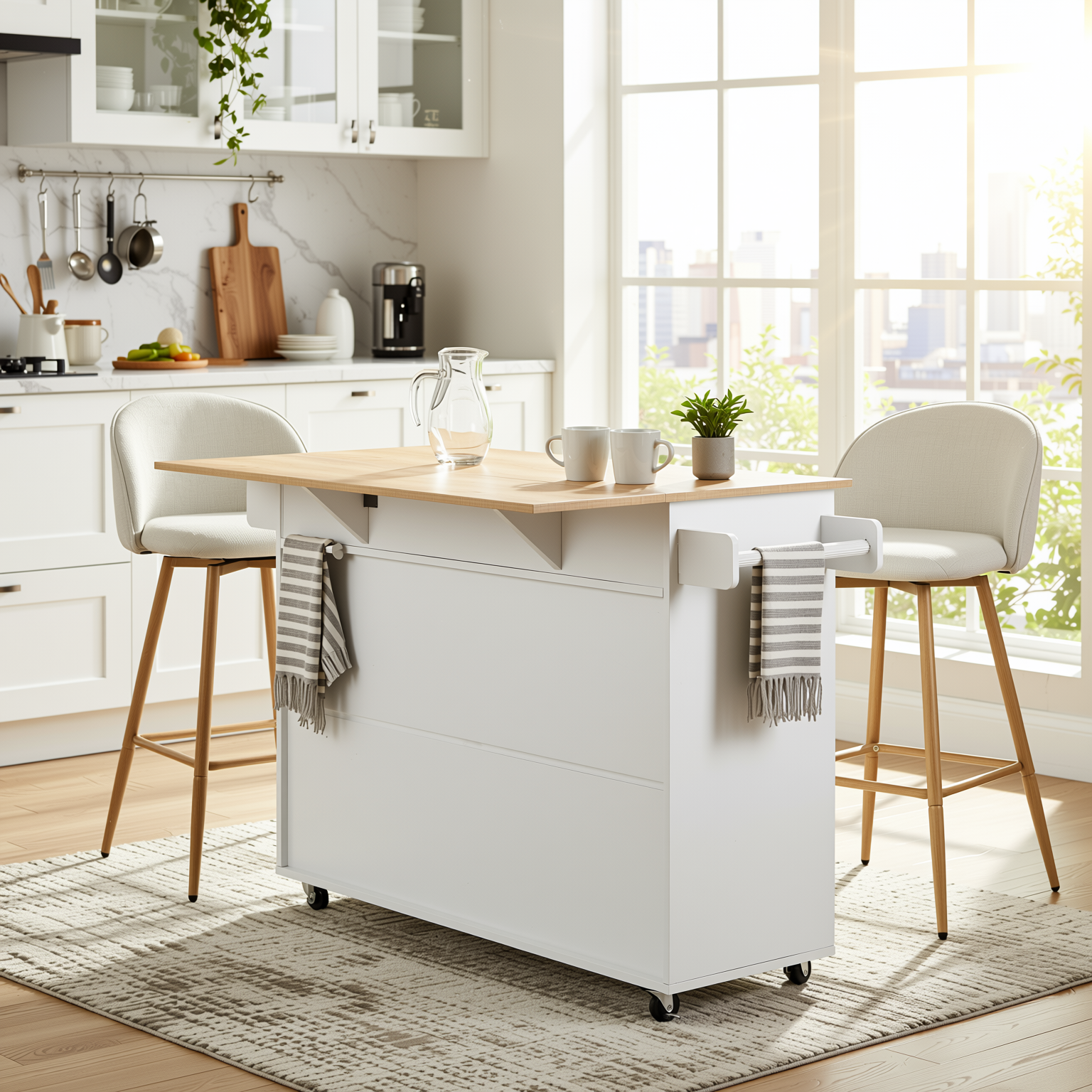 Hugh 3PC Rolling Kitchen Island and Stool Set with Haseeb Swivel Counter Height Bar Stools