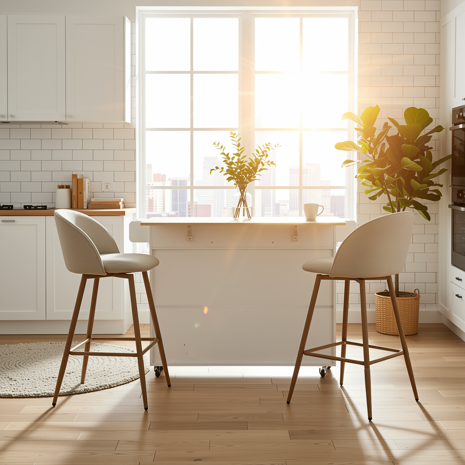 Hugh 3PC Rolling Kitchen Island and Stool Set with Haseeb Swivel Counter Height Bar Stools