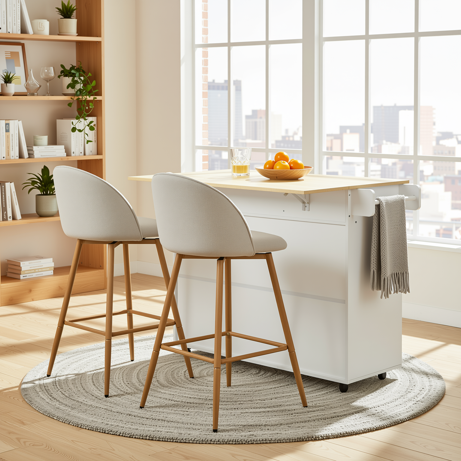 Hugh 3PC Rolling Kitchen Island and Stool Set with Haseeb Swivel Counter Height Bar Stools