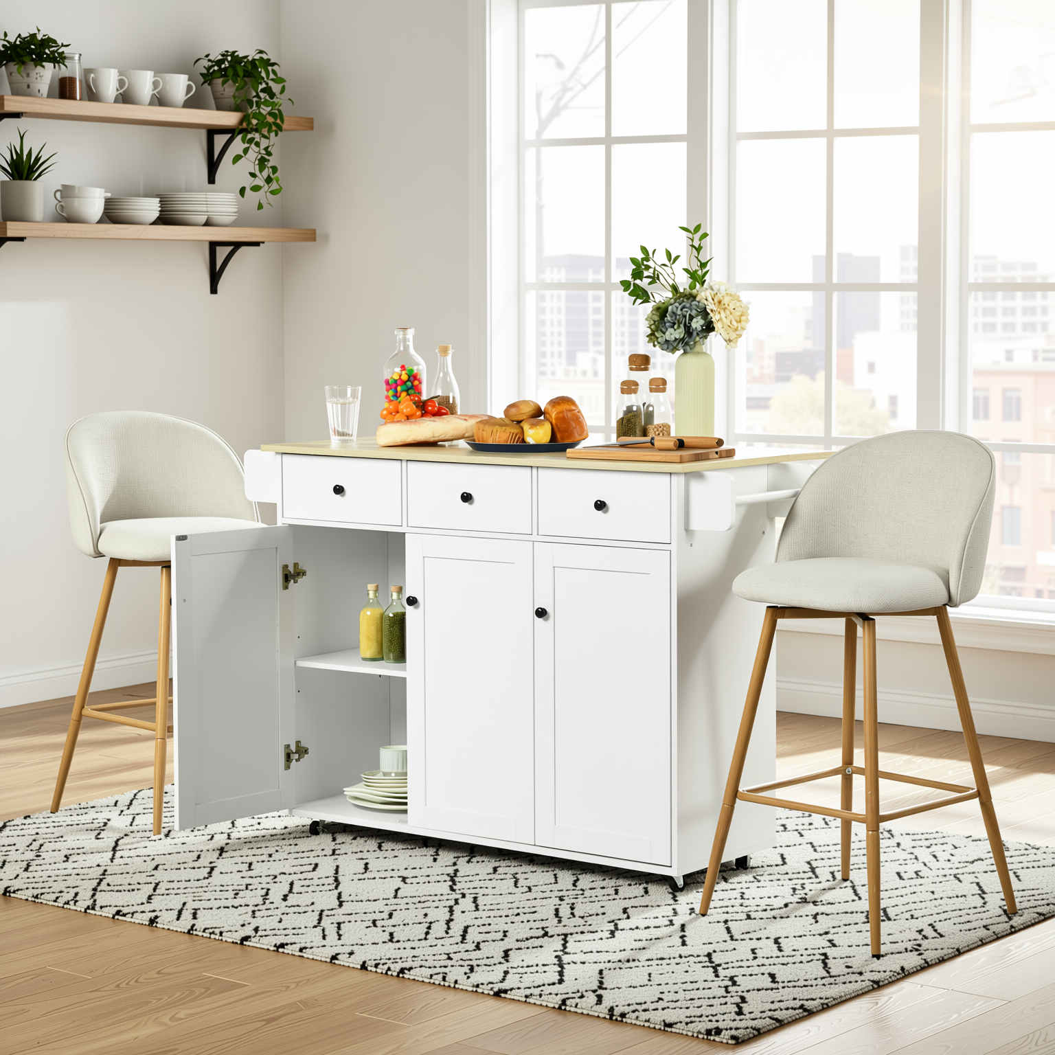 Hugh 3PC Rolling Kitchen Island and Stool Set with Haseeb Swivel Counter Height Bar Stools