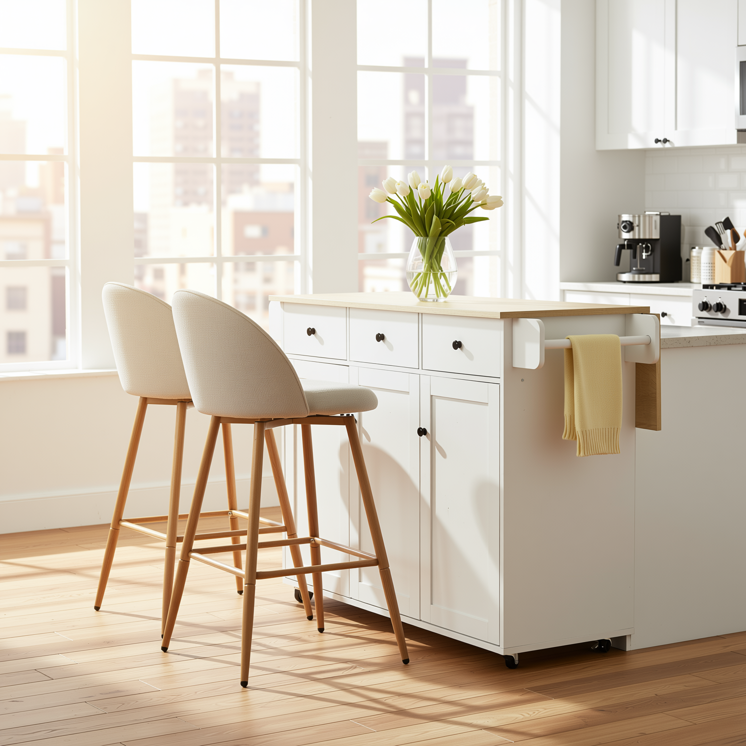 Hugh 3PC Rolling Kitchen Island and Stool Set with Haseeb Swivel Counter Height Bar Stools