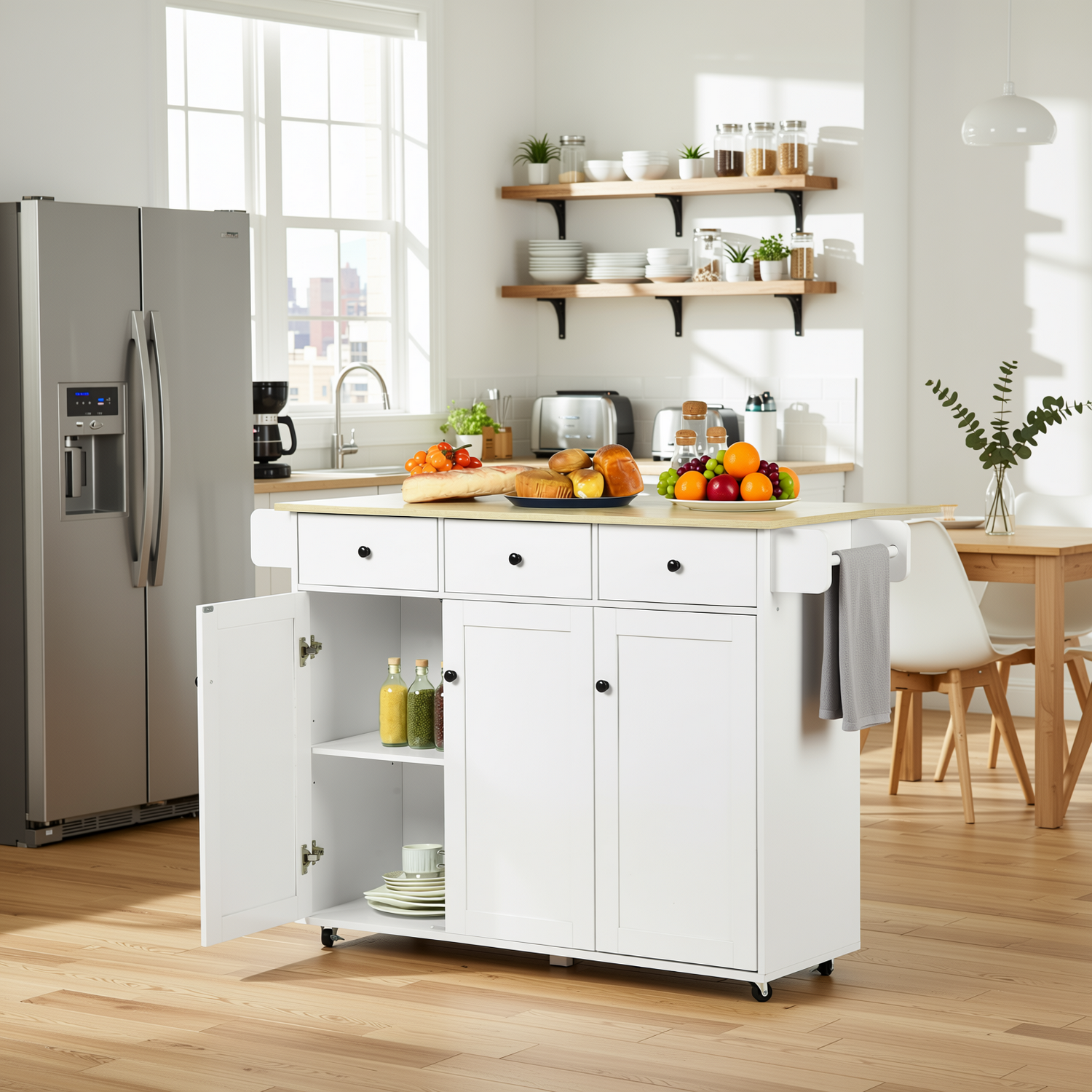 Hugh 3PC Rolling Kitchen Island and Stool Set with Haseeb Swivel Counter Height Bar Stools