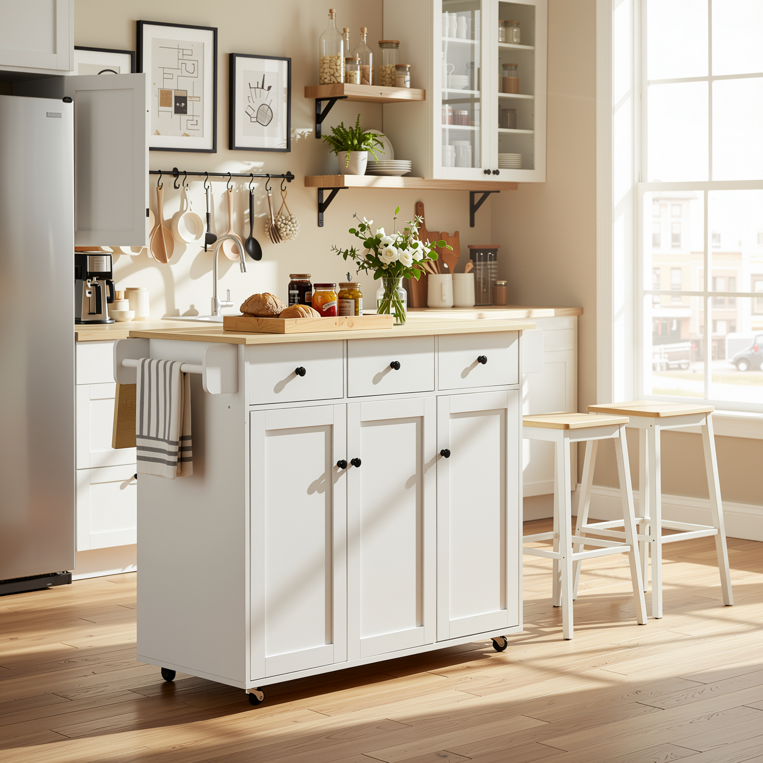 Hugh 45.3" Modern Rolling Kitchen Island Cart with Drop-Leaf Tabletop