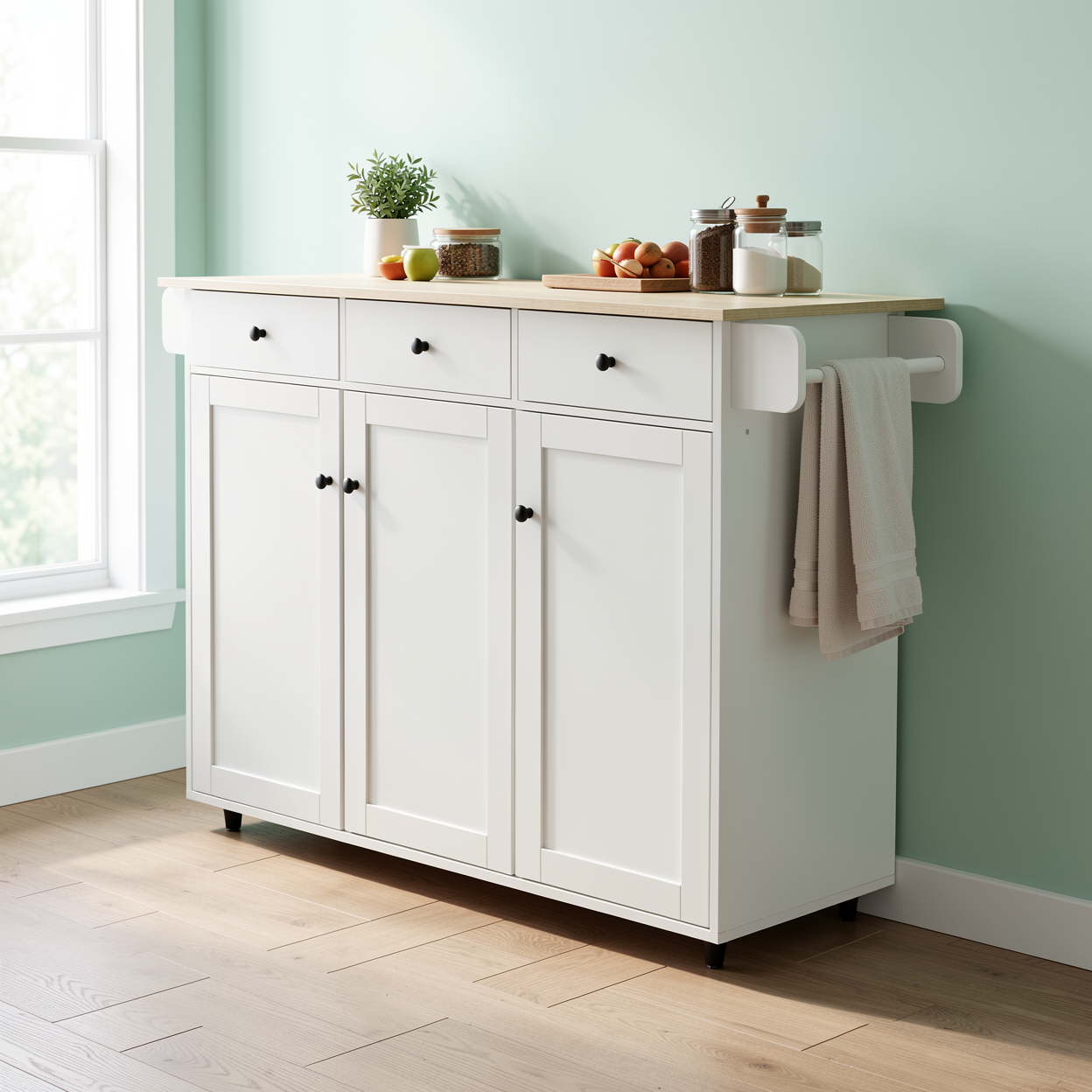 Hugh 45.3" Modern Rolling Kitchen Island Cart with Drop-Leaf Tabletop