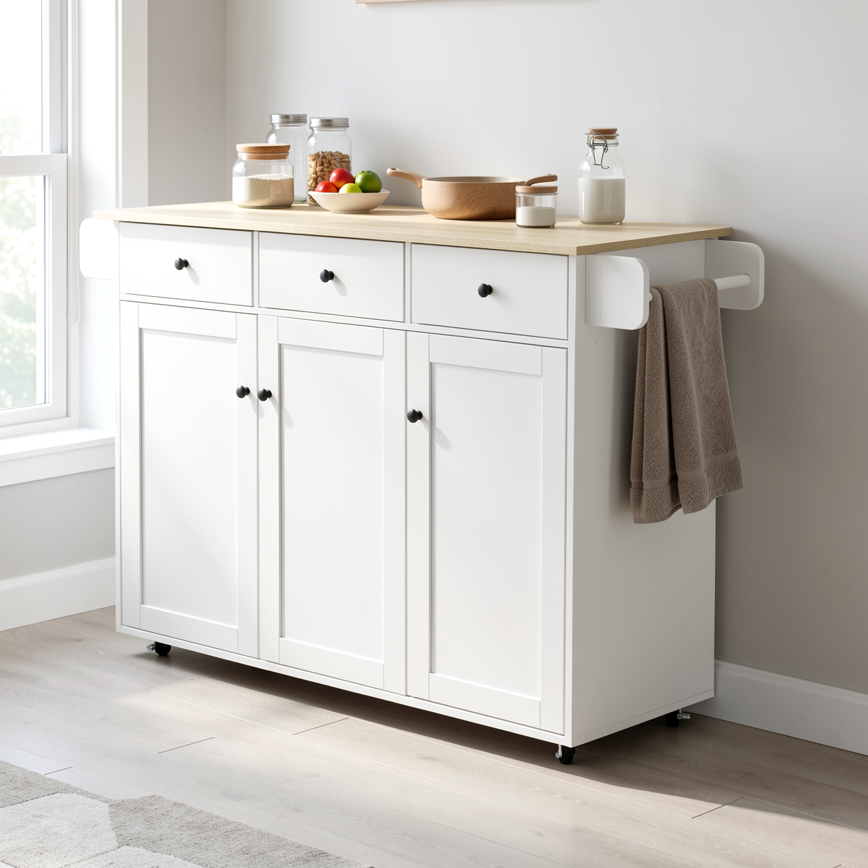 Hugh 4PCS Rolling Kitchen Island and Stool Set with Pistil Swivel Counter/ Bar Stools
