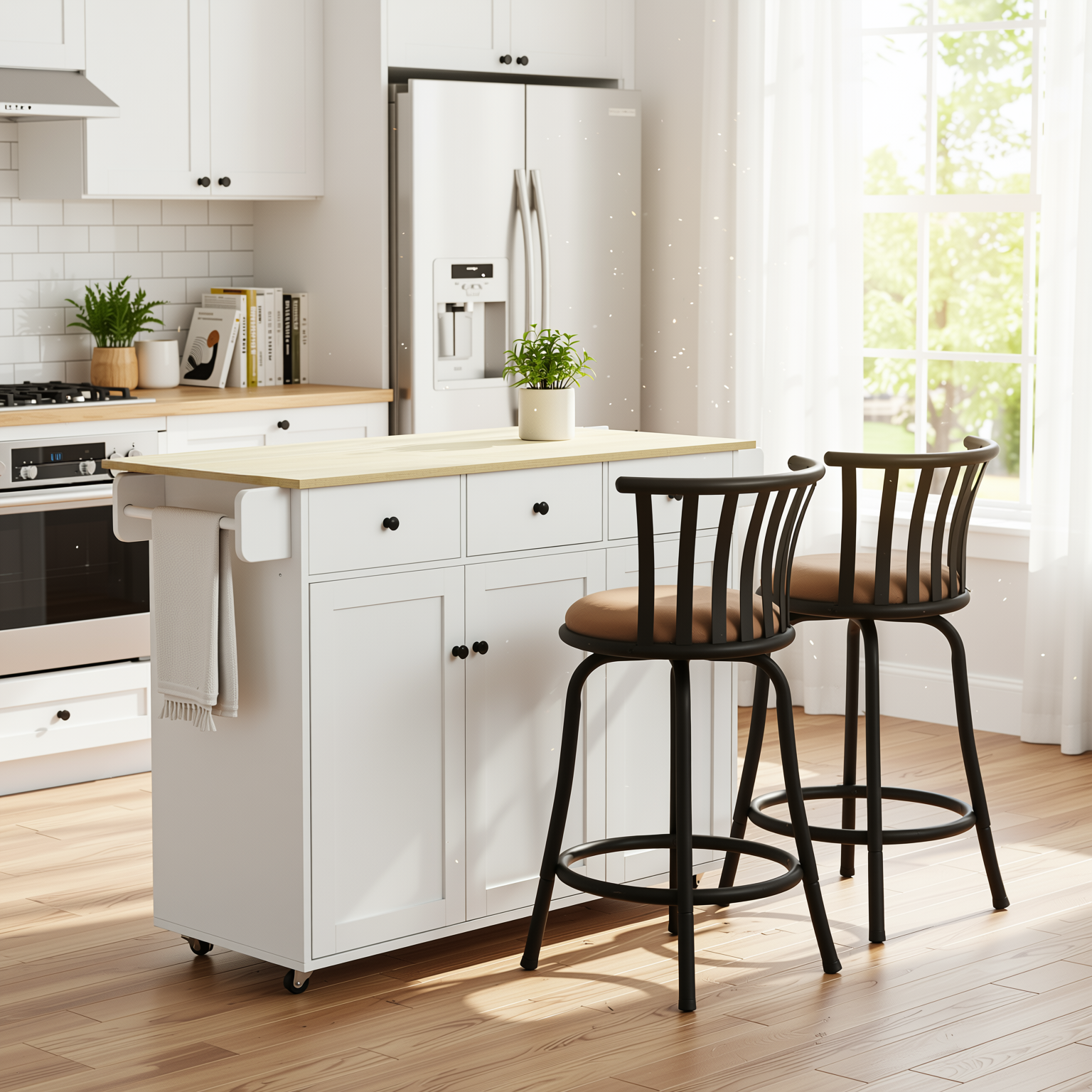 Hugh 45.3" Modern Rolling Kitchen Island Cart with Drop-Leaf Tabletop