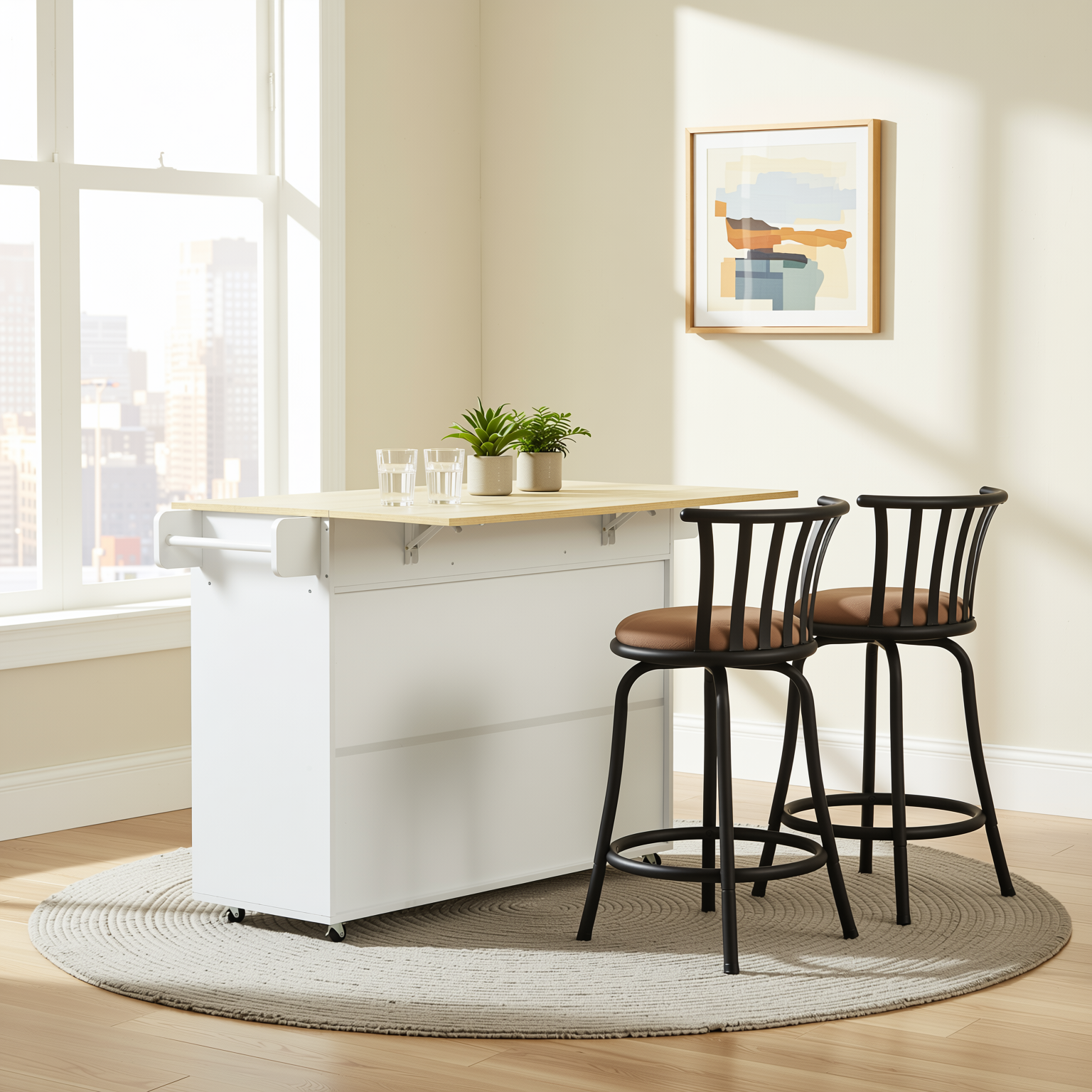 Hugh 45.3" Modern Rolling Kitchen Island Cart with Drop-Leaf Tabletop
