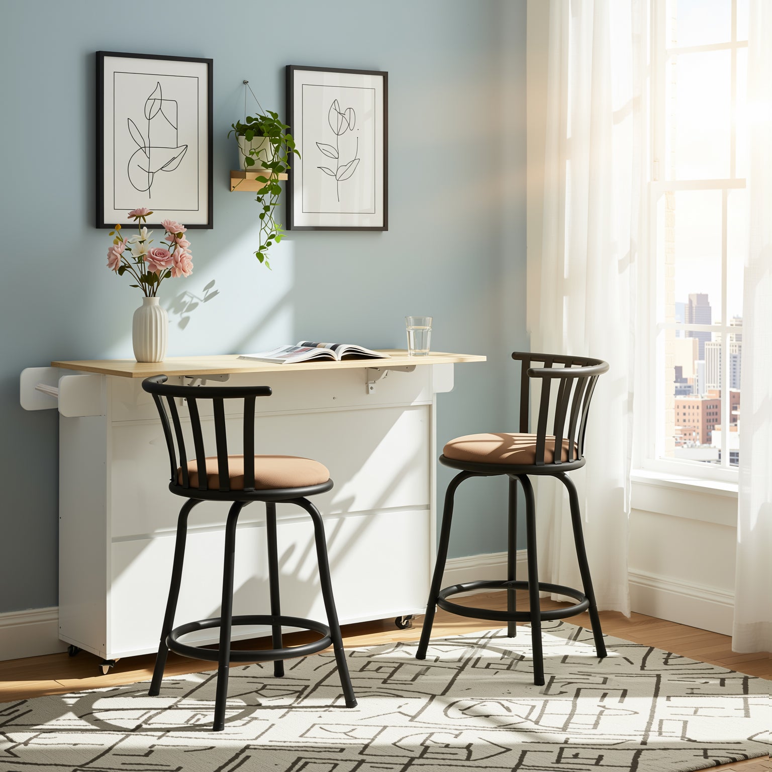 Hugh 45.3" Modern Rolling Kitchen Island Cart with Drop-Leaf Tabletop
