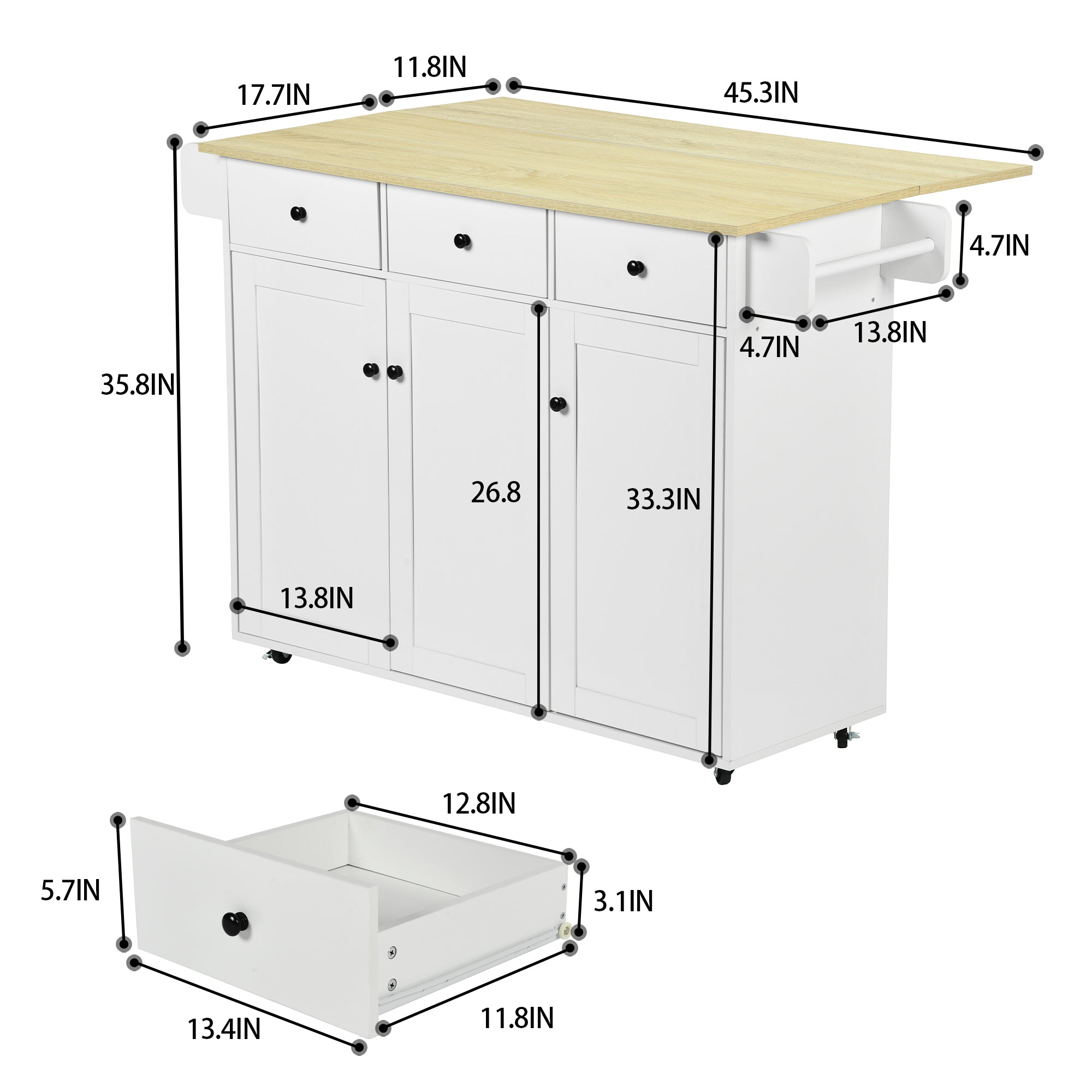 HUGH Kitchen Island Cart on Wheels, 45.3” Rolling Storage Cabinet with Oak-Finish Wood Top, 3 Drawers and 4 Doors, Side Towel Bars, White